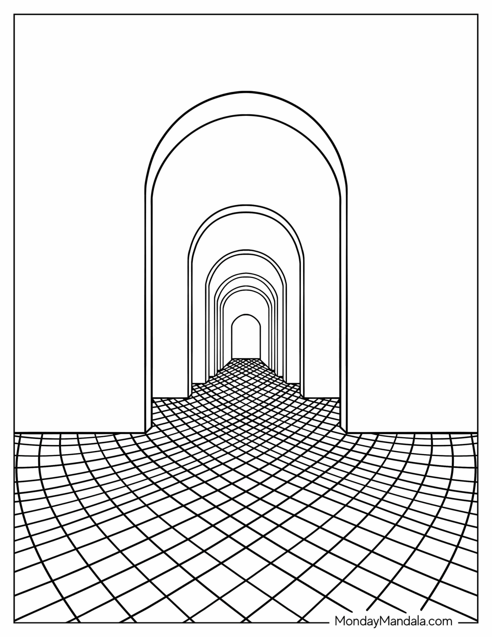 Abstract Coloring Page Arched Doorways With Checkered Floor