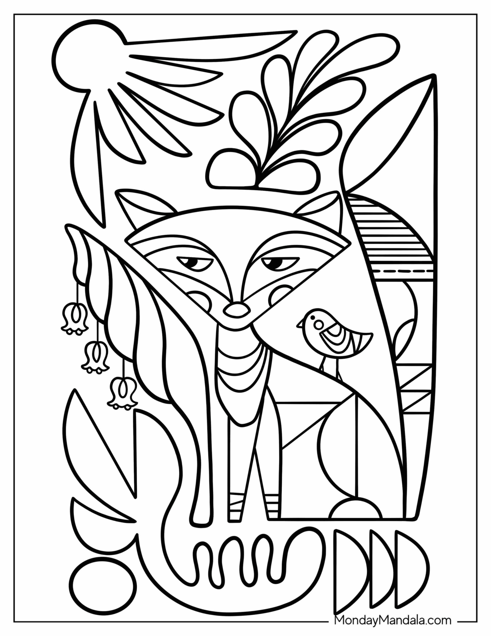 Abstract Coloring Page Cat Art With Birds, Flowers, And Leaves