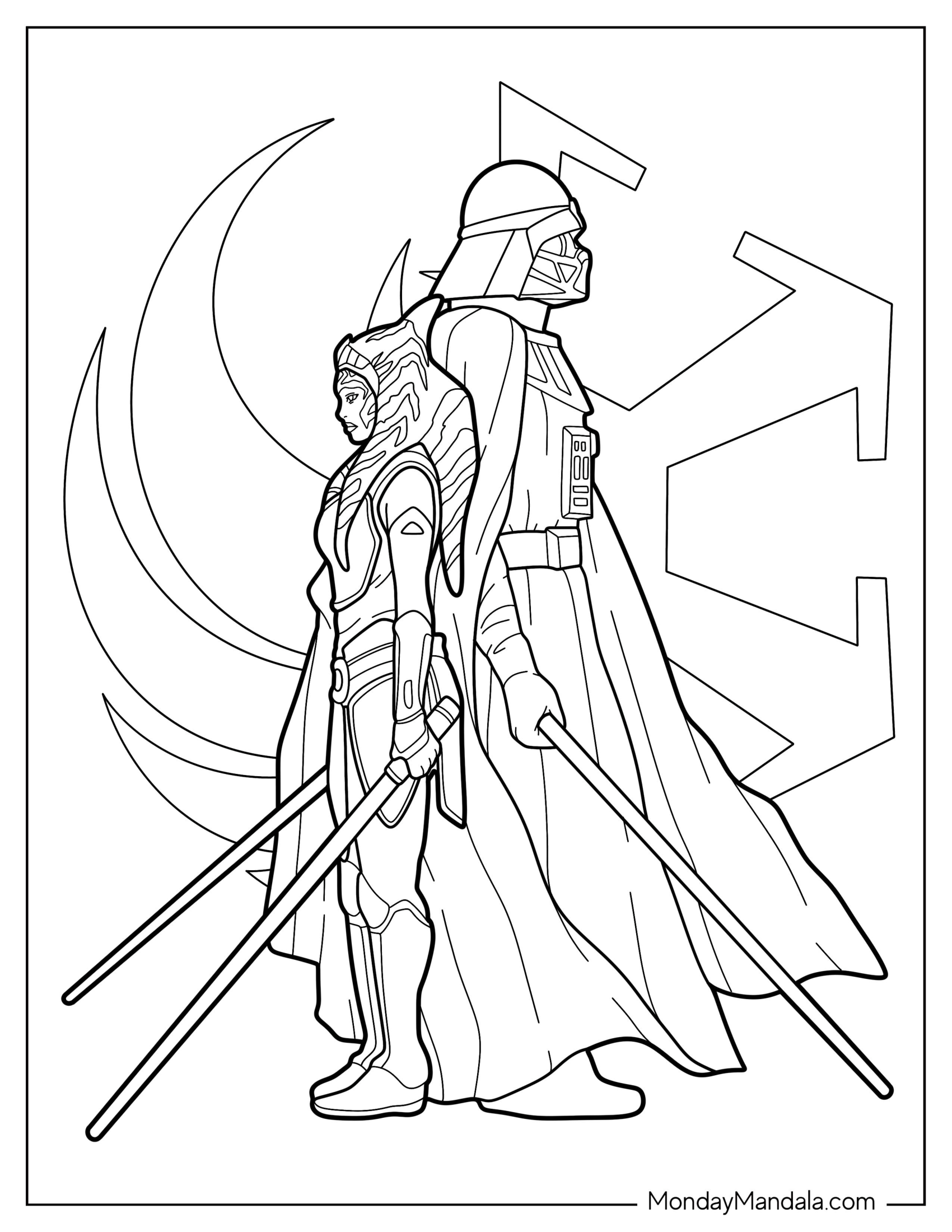 Ahsoka Coloring Page Standing Back To Back With Darth Vader