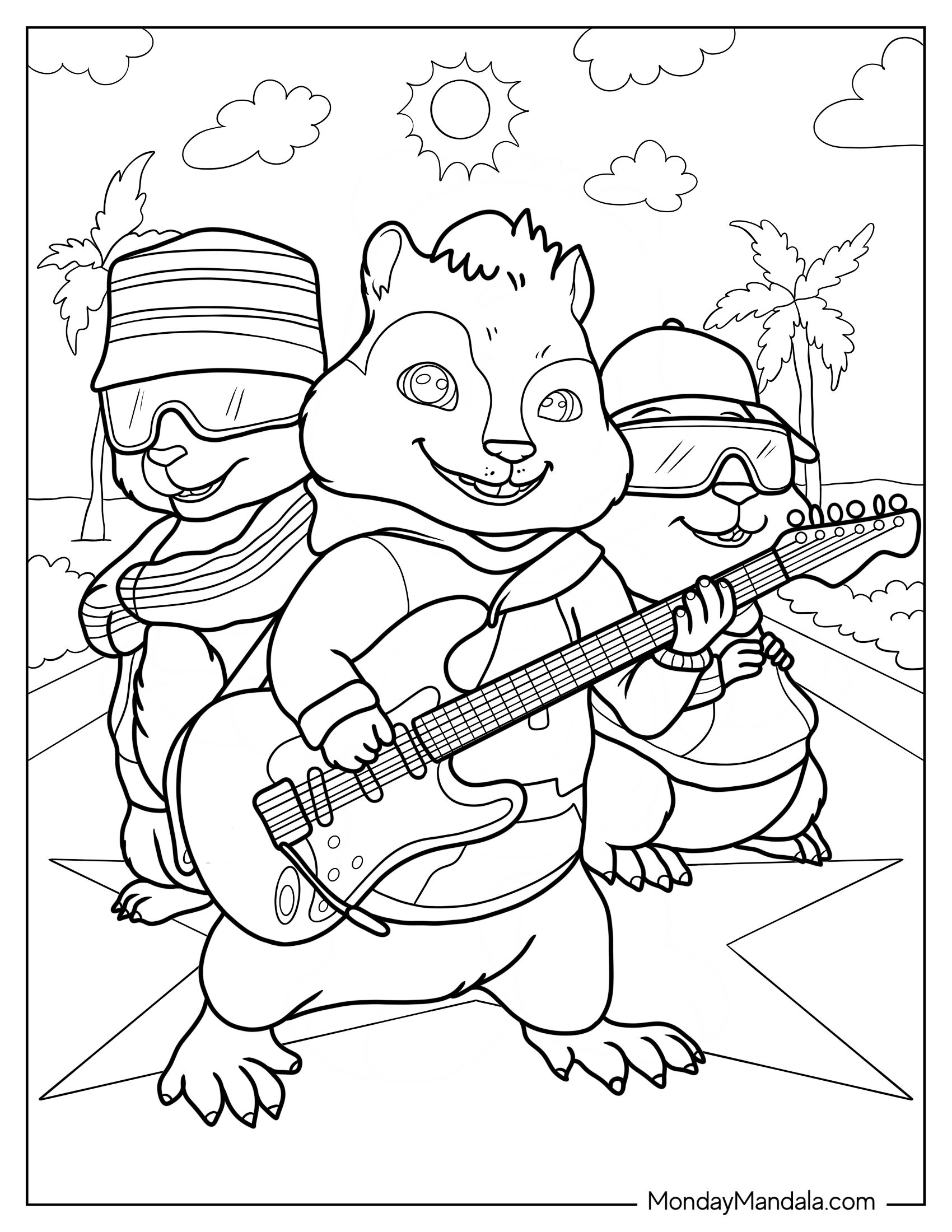 Alvin And The Chipmunks Coloring Page In Sunglasses Holding Electric Guitar