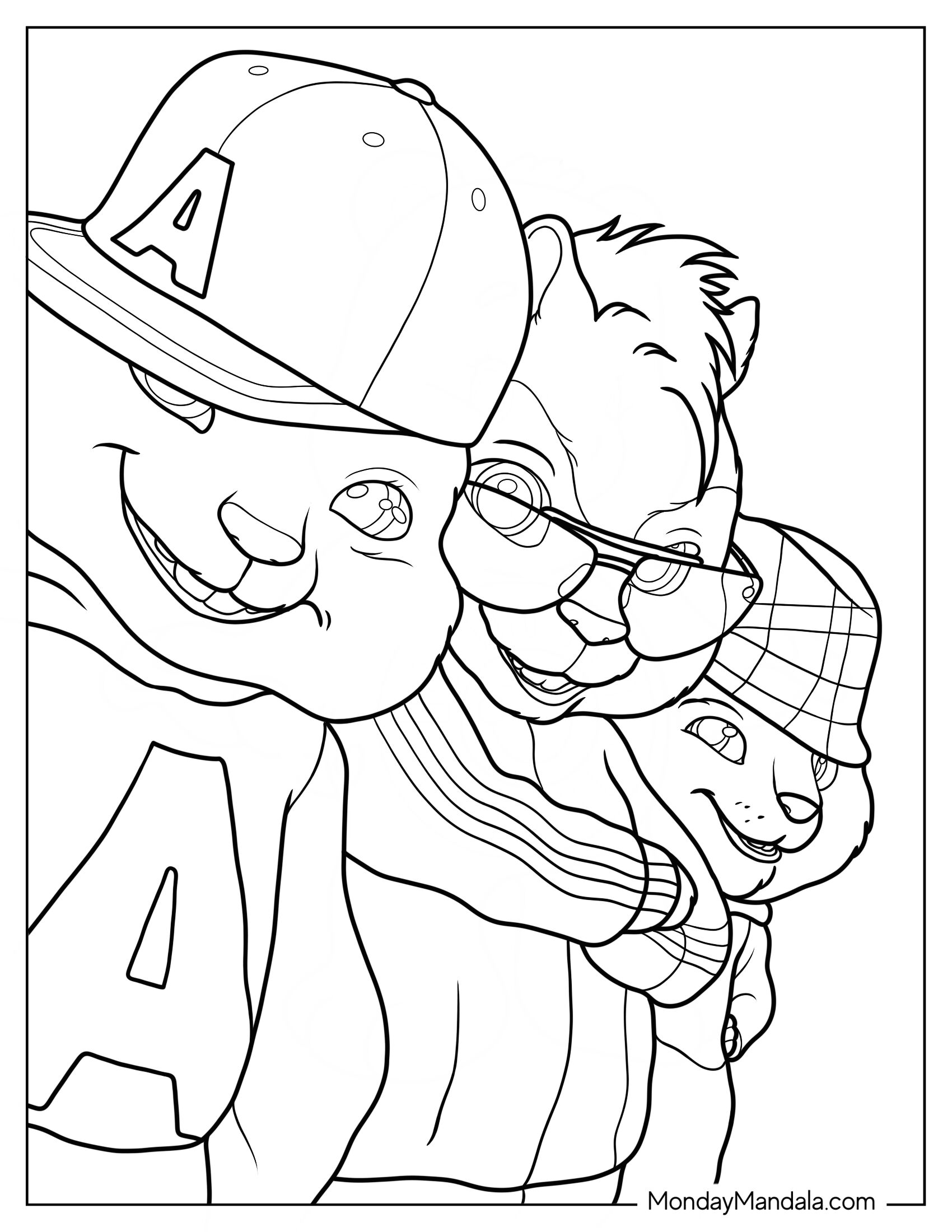 Alvin And The Chipmunks Coloring Page Of Close Up Of Alvin, Simon, And Theodore Smiling