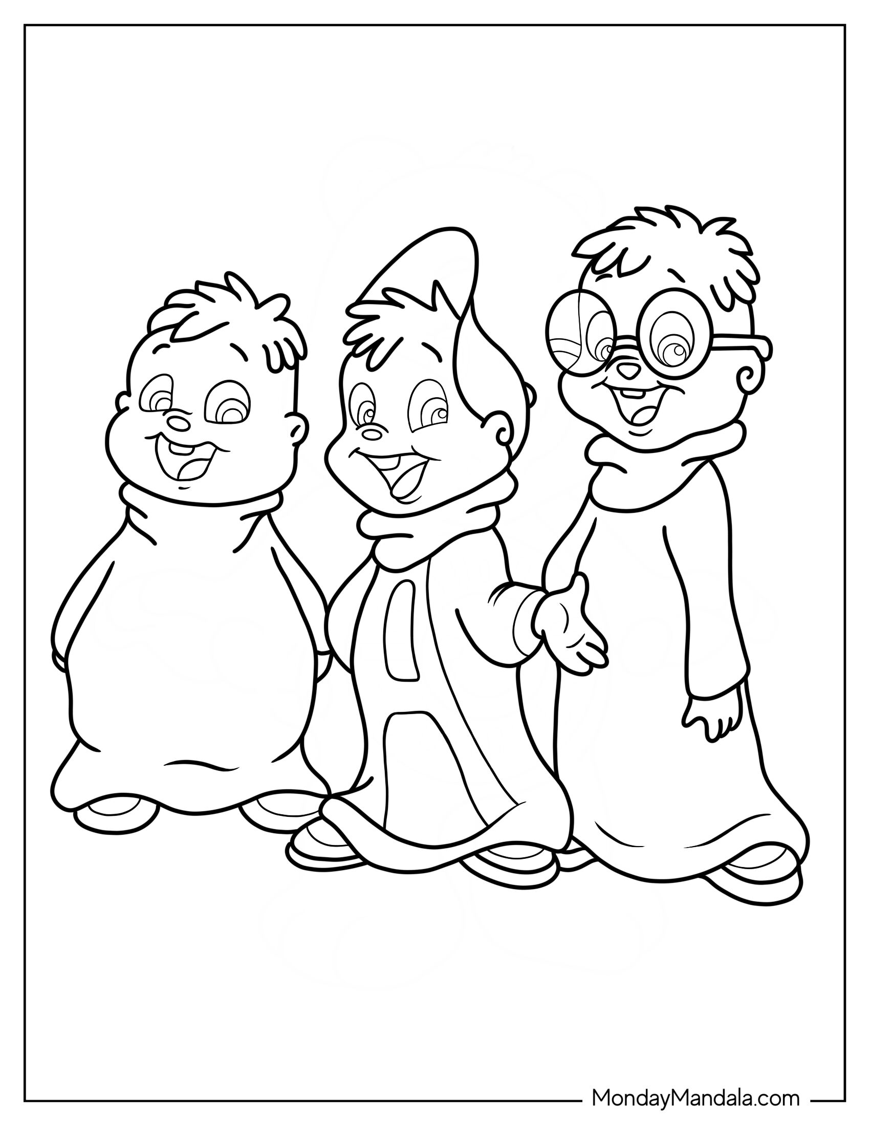 Alvin And The Chipmunks Coloring Page Of Easy Outline Of Alvin, Theodore, And Simon For Kids