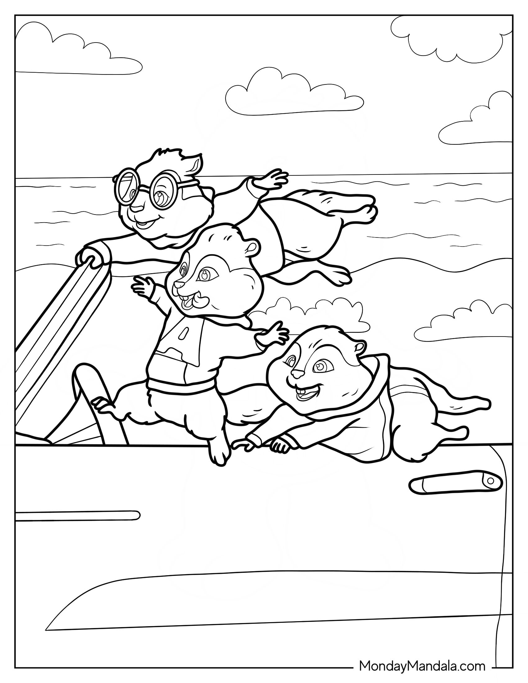 Alvin And The Chipmunks Coloring Page Of Riding Car By The Beach