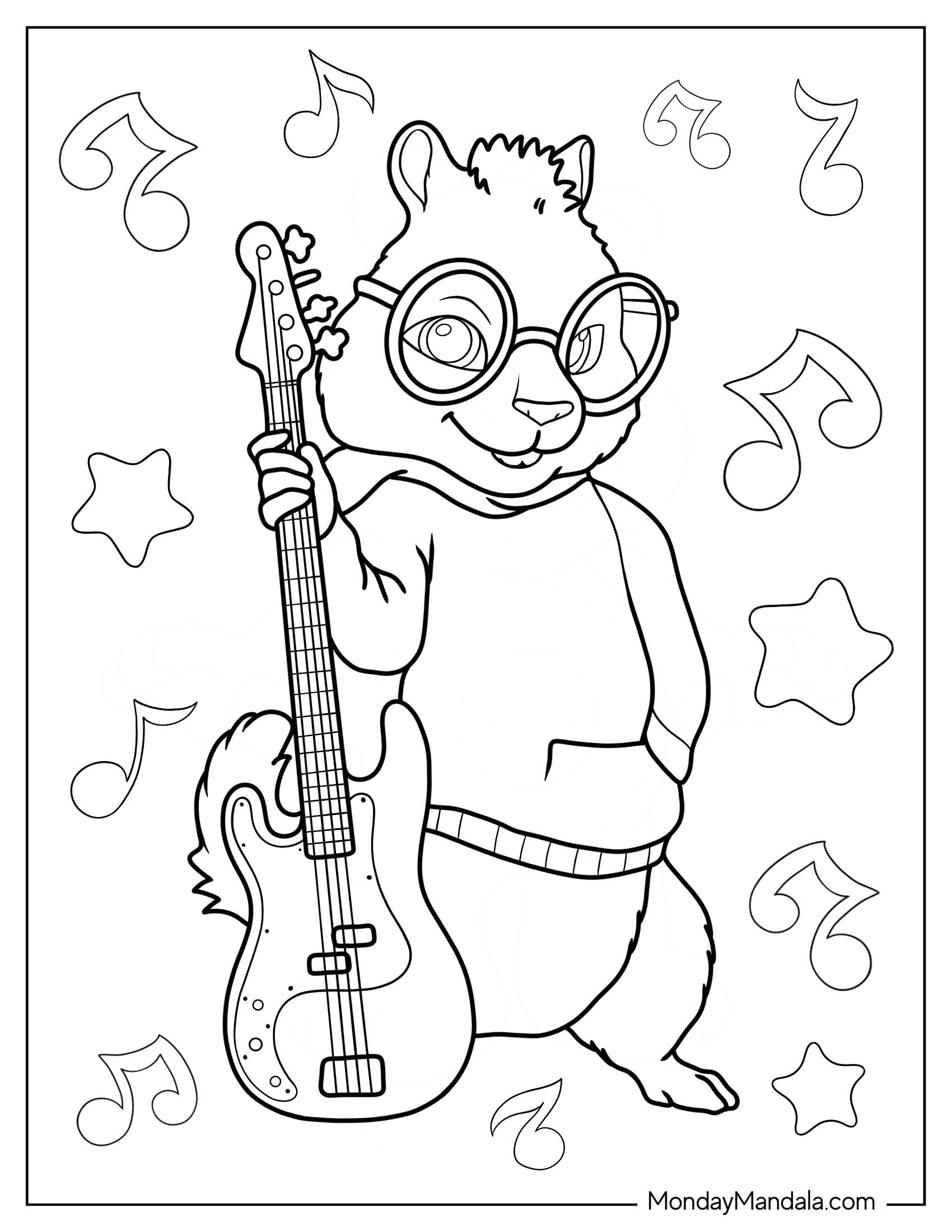 Alvin And The Chipmunks Coloring Page Of Simon Holding Electric Guitar