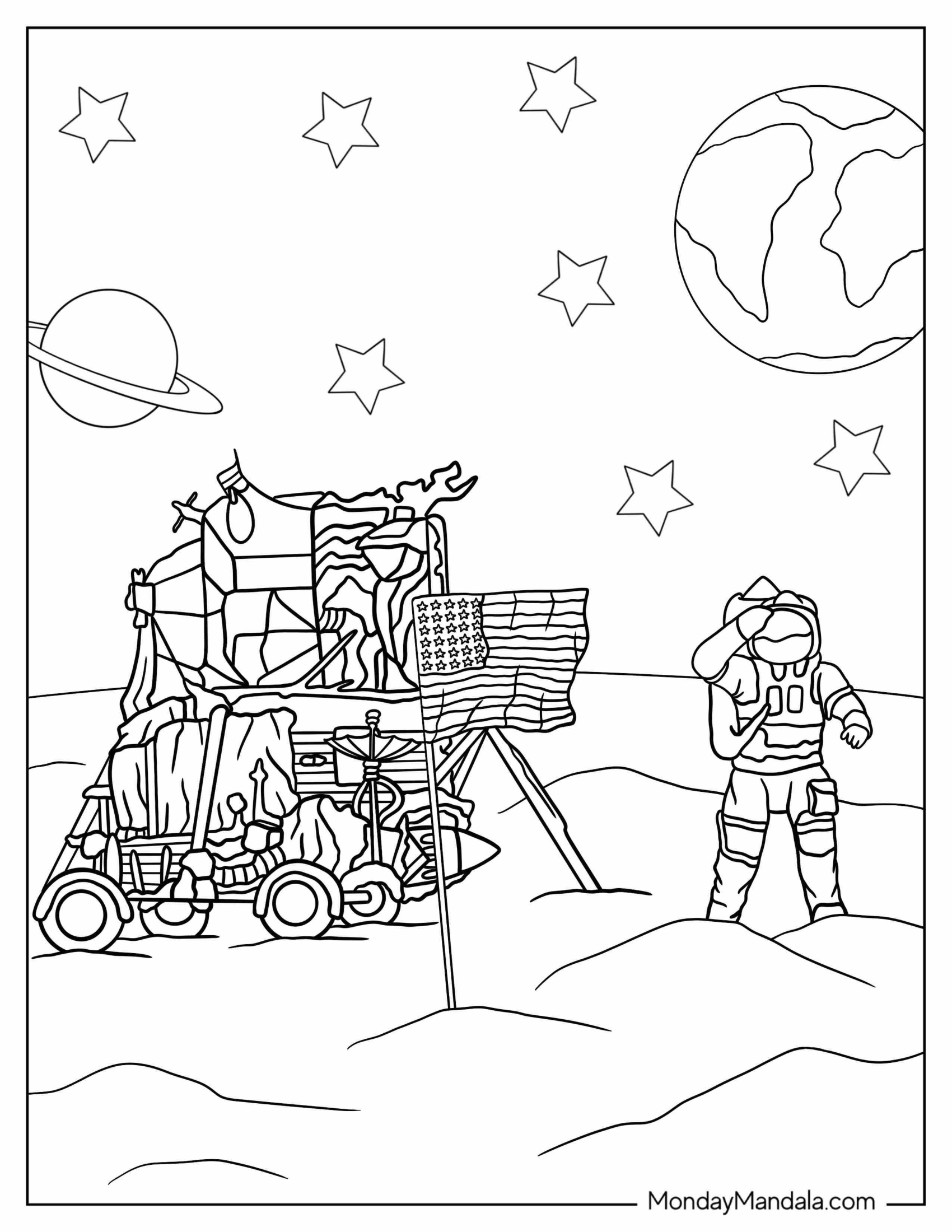 American Flag in Space Moon Landing Coloring Sheet