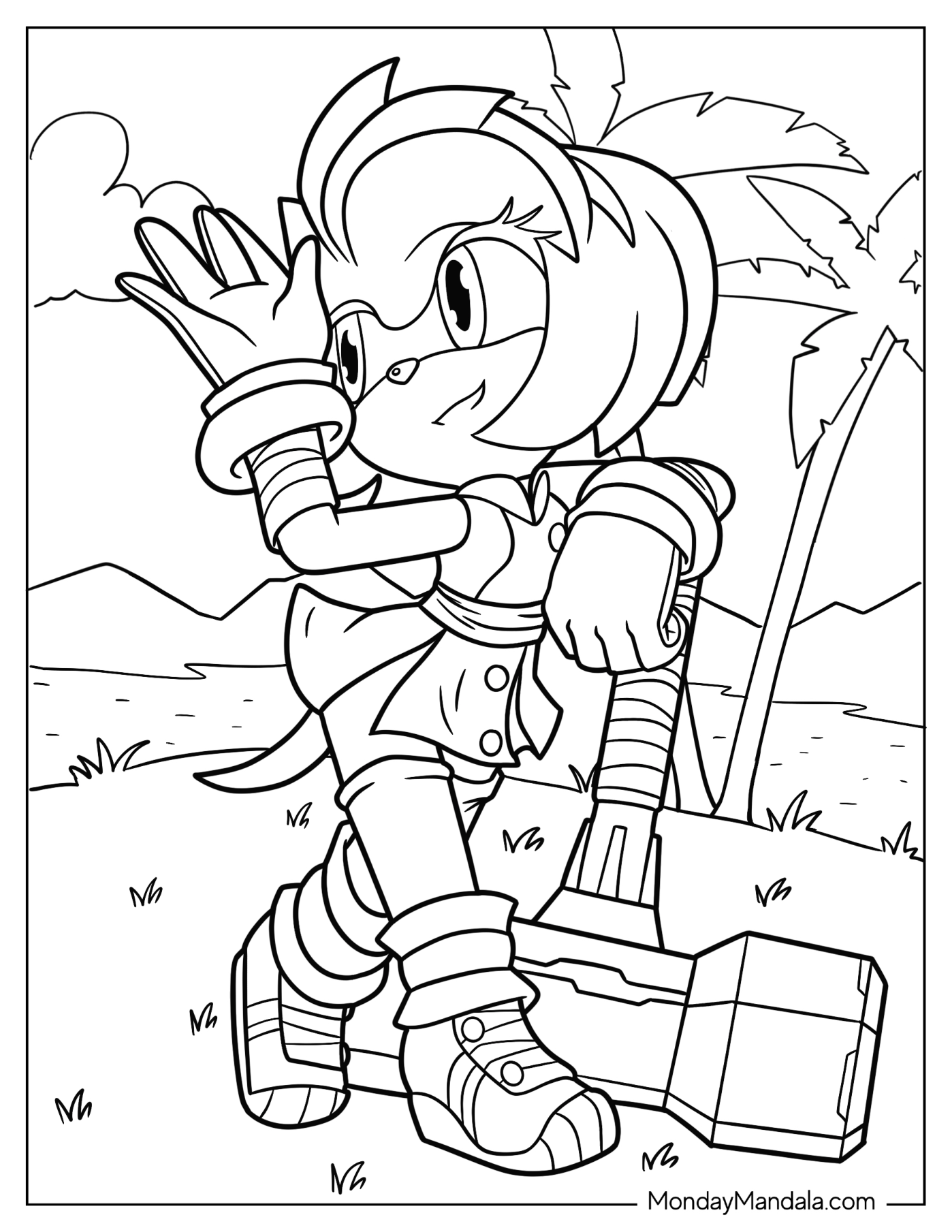 Amy Rose Coloring Page Leaning On Her Piko Hammer