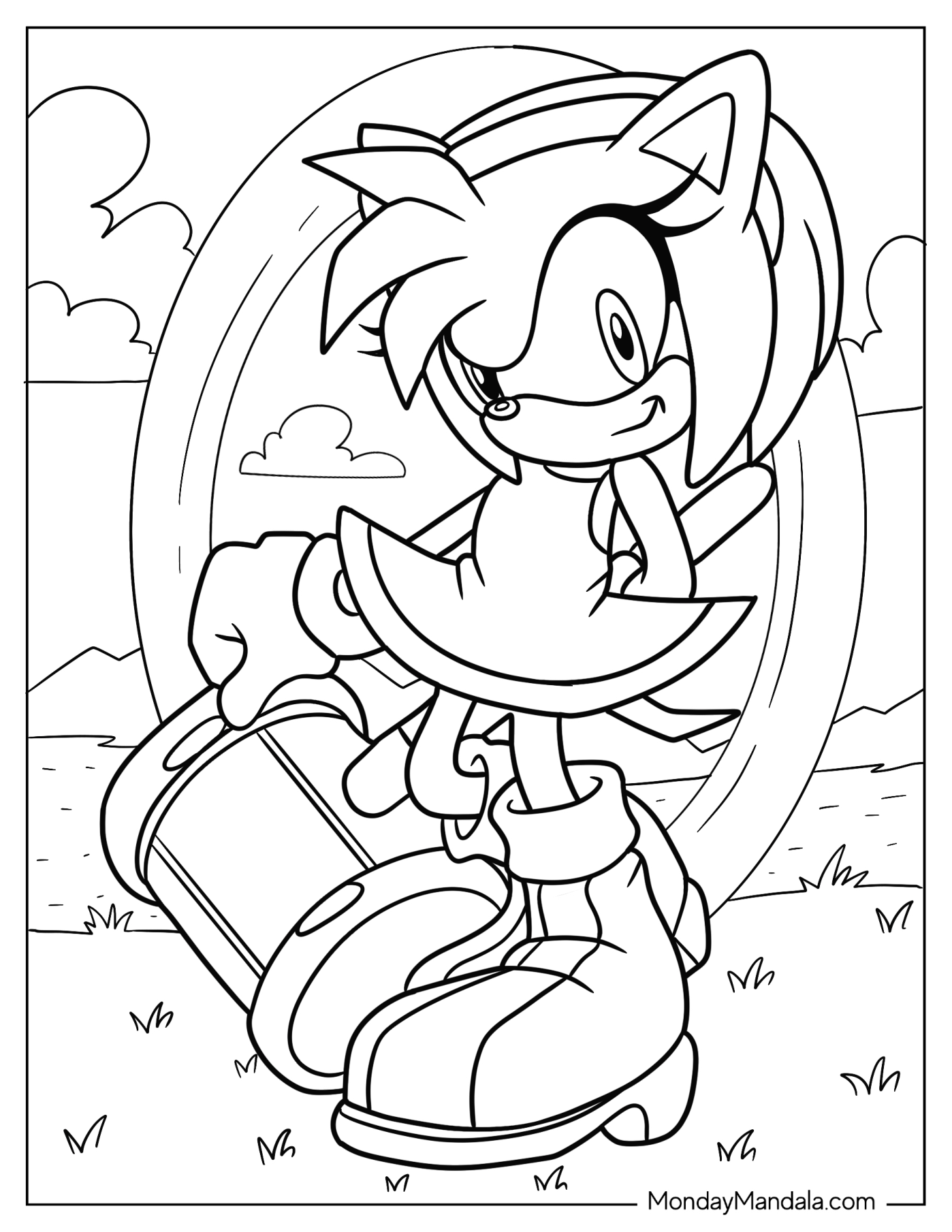 Amy Rose Coloring Page Standing In Front Of Ring With Piko Hammer