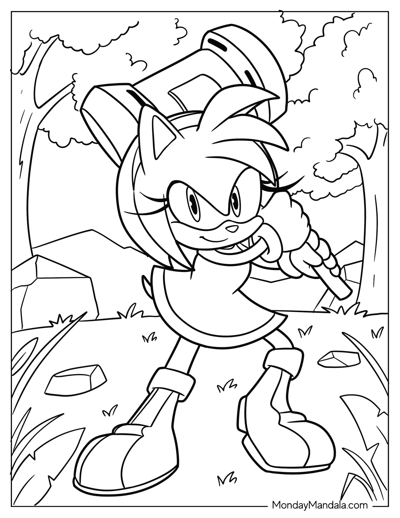 Amy Rose Coloring Page Swinging Piko Piko Hammer