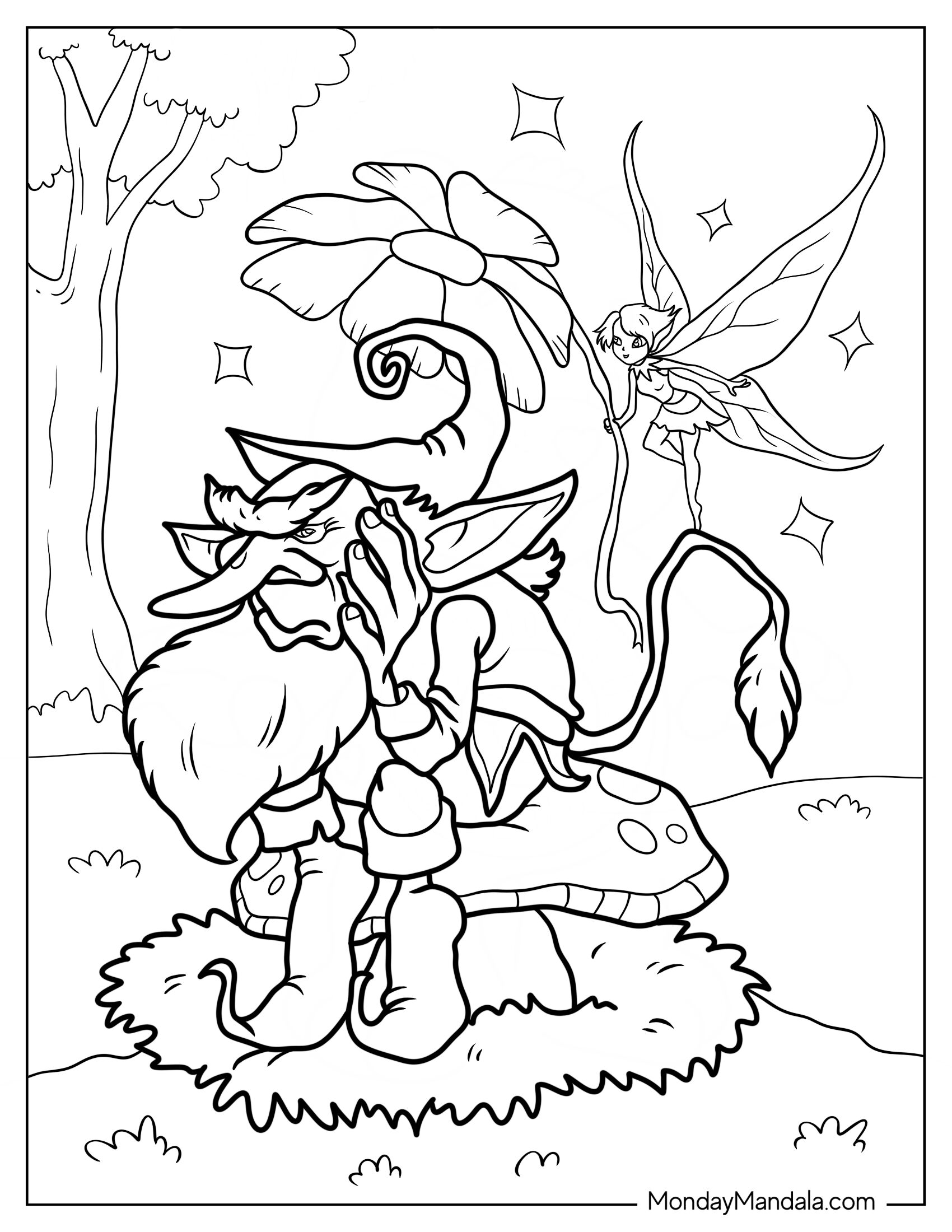 Angry Gnome Coloring Page Sitting On Mushroom With Fairy Behind Him