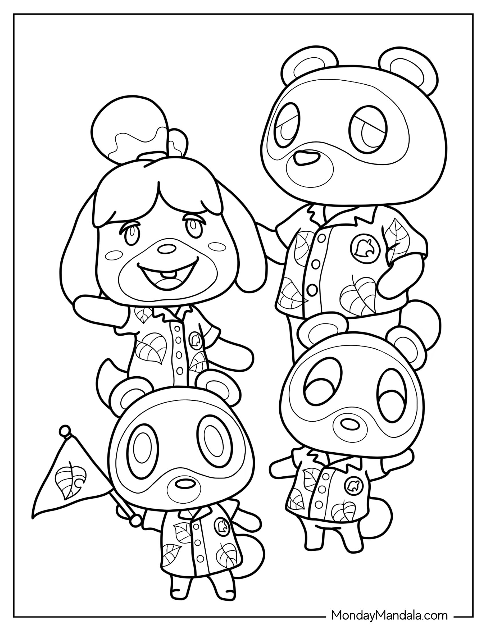 Animal Crossing Coloring Page Of Isabelle With Tom Nook, Tommy, and Timmy