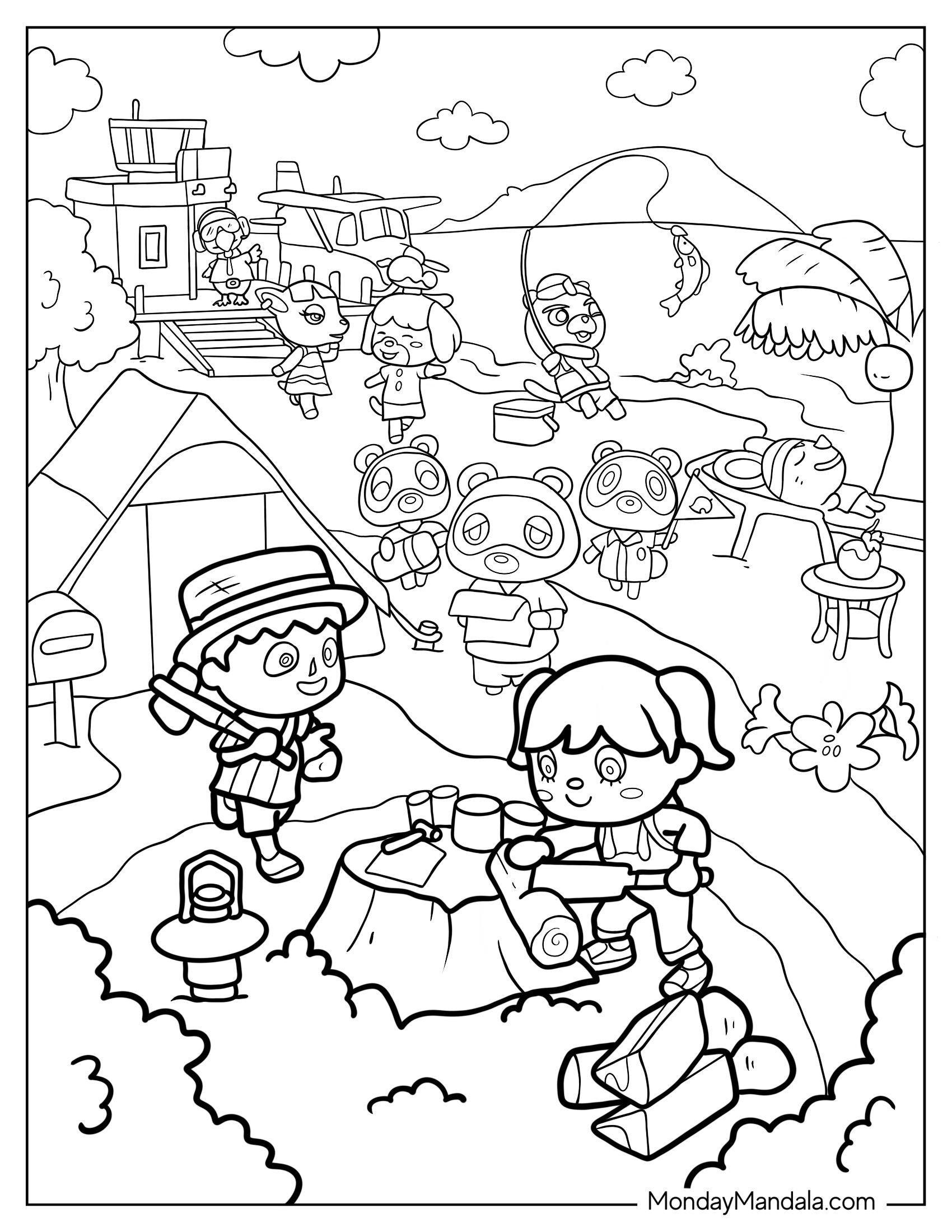 Animal Crossing Coloring Page Of New Horizons Villagers With Friends On Island