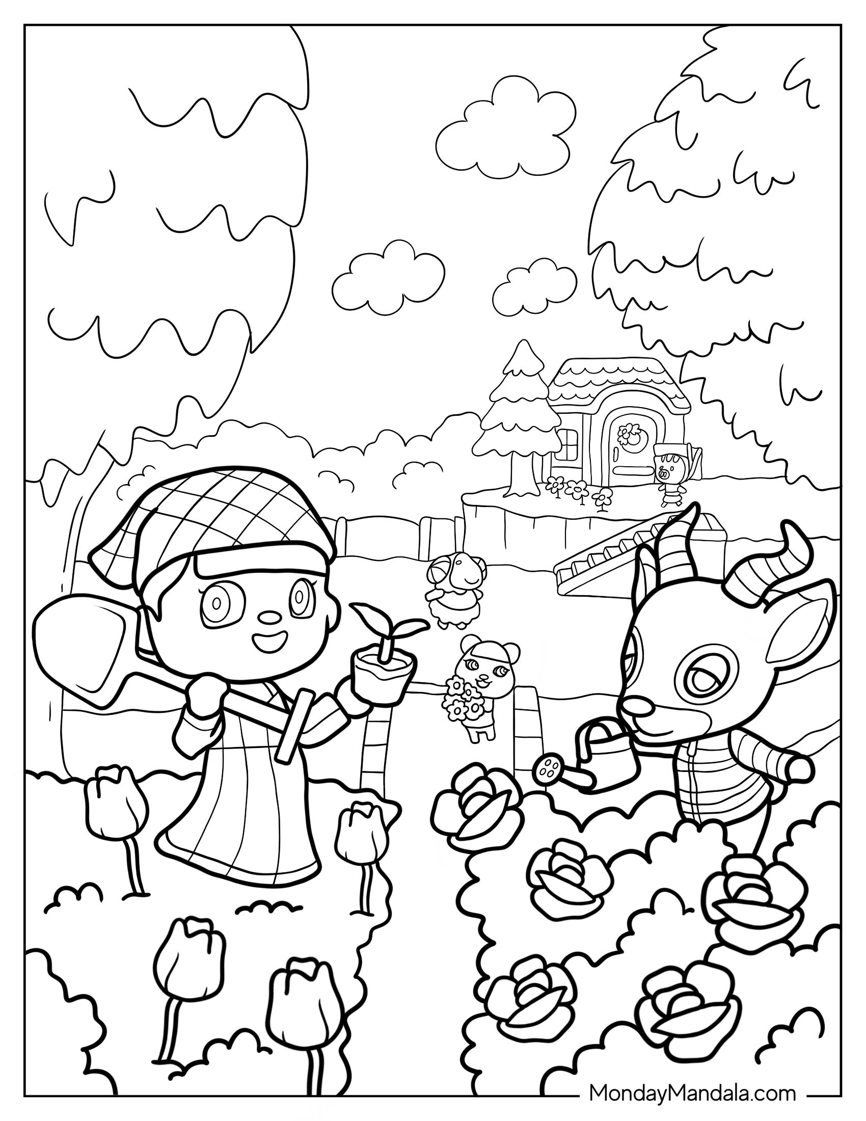 Animal Crossing Coloring Page Of Villager And Friends Gardening