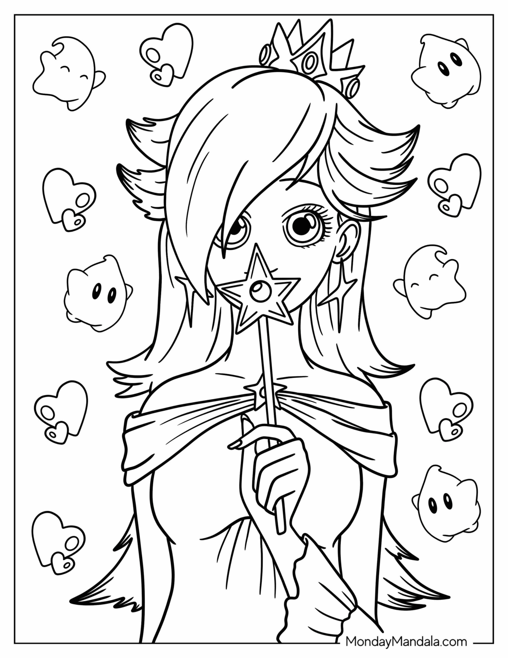 Anime Rosalina Coloring Page Holding Up Star Wand