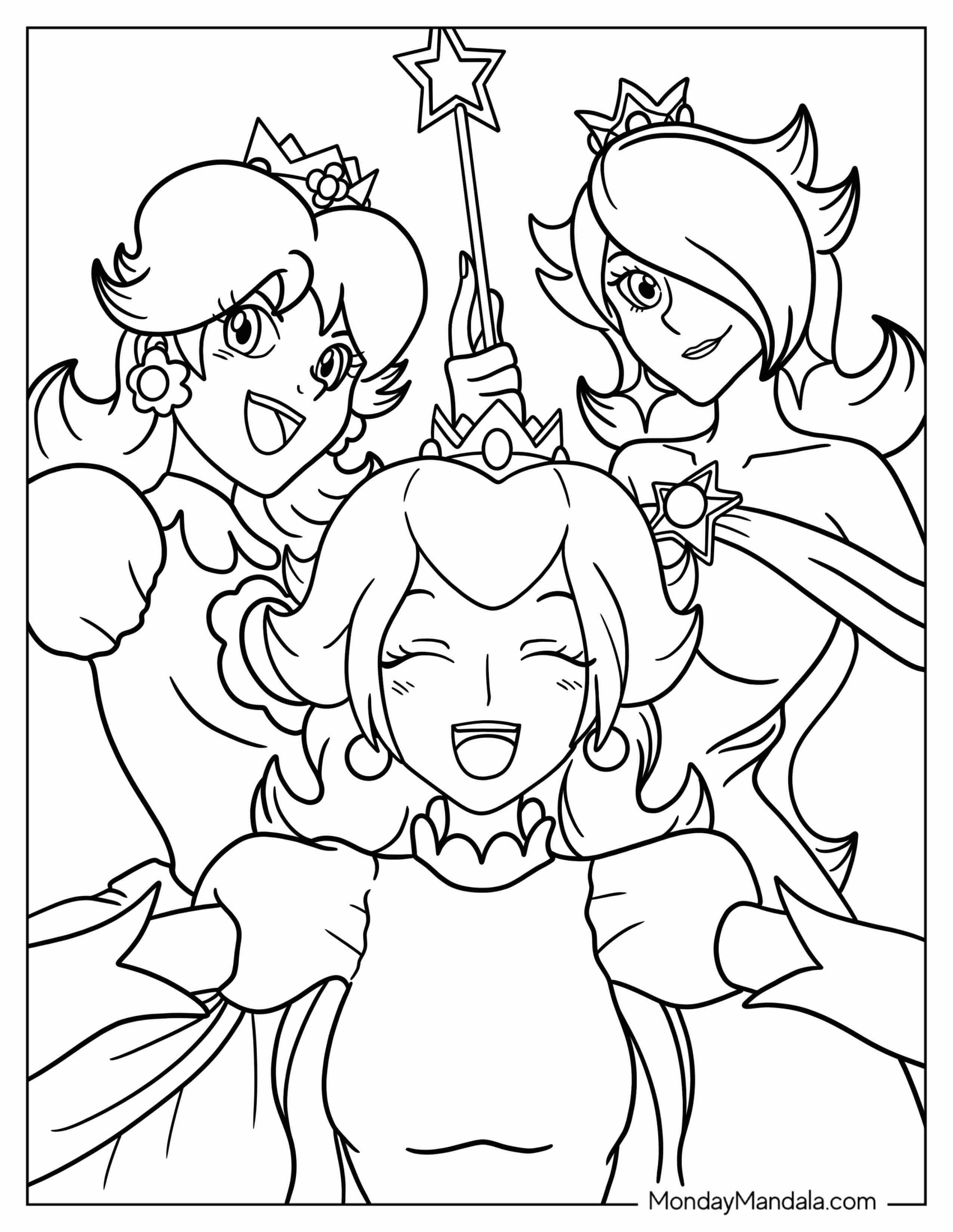 Anime Style Princess Rosalina Coloring Page With Peach, And Daisy