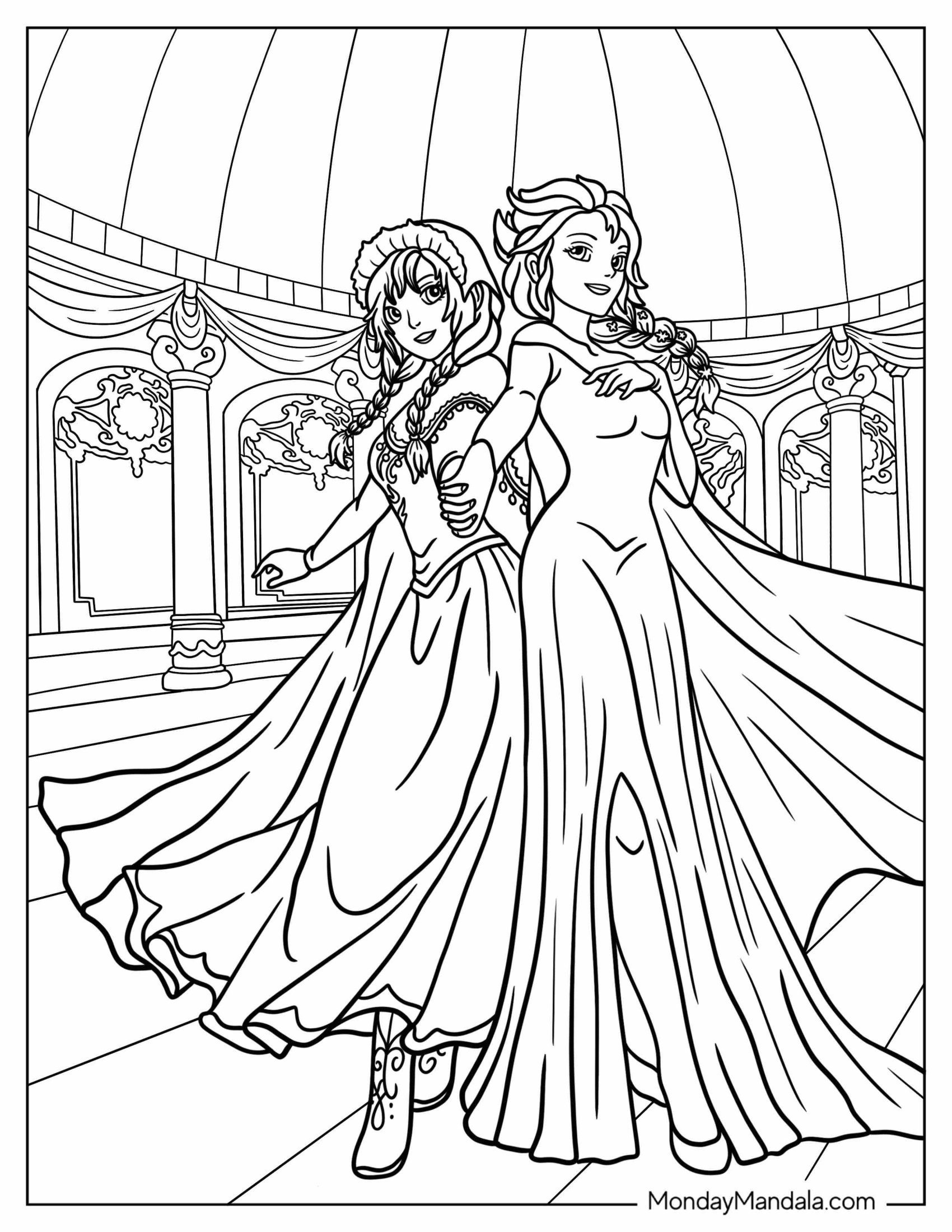 Anna And Elsa Holding Hands In Ballroom Coloring Sheet