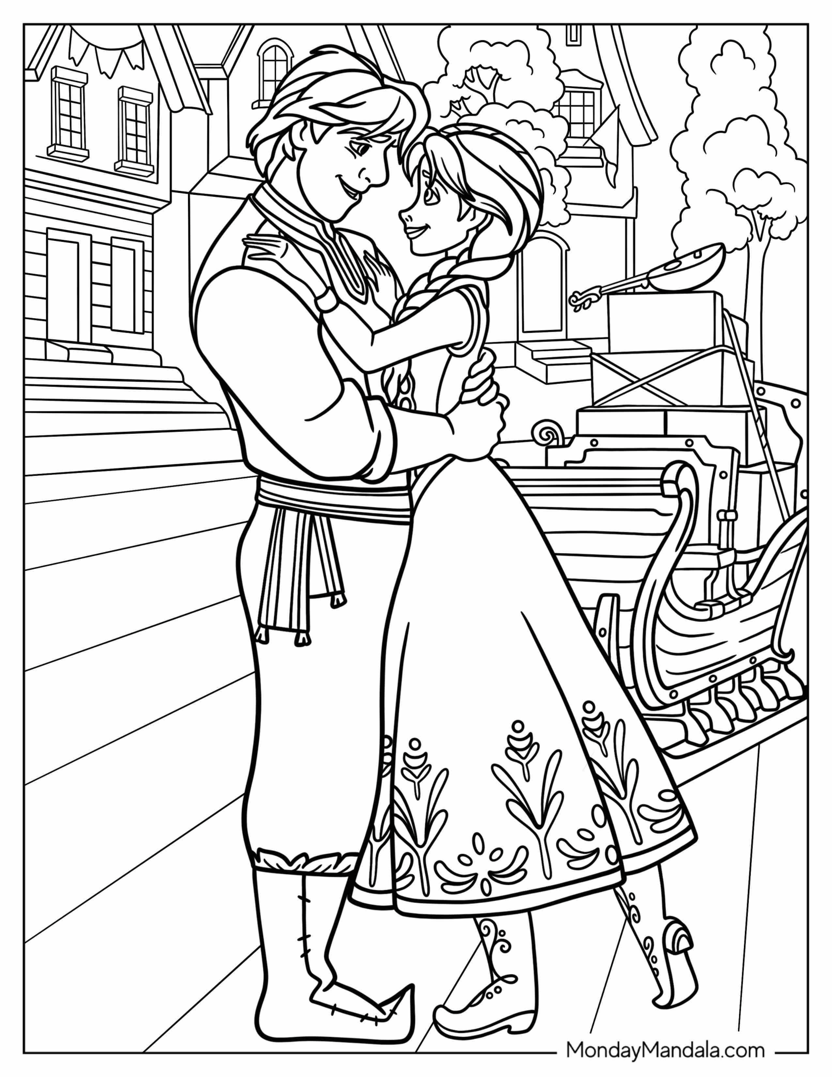 Anna And Kristoff Holding Each Other Coloring Sheet