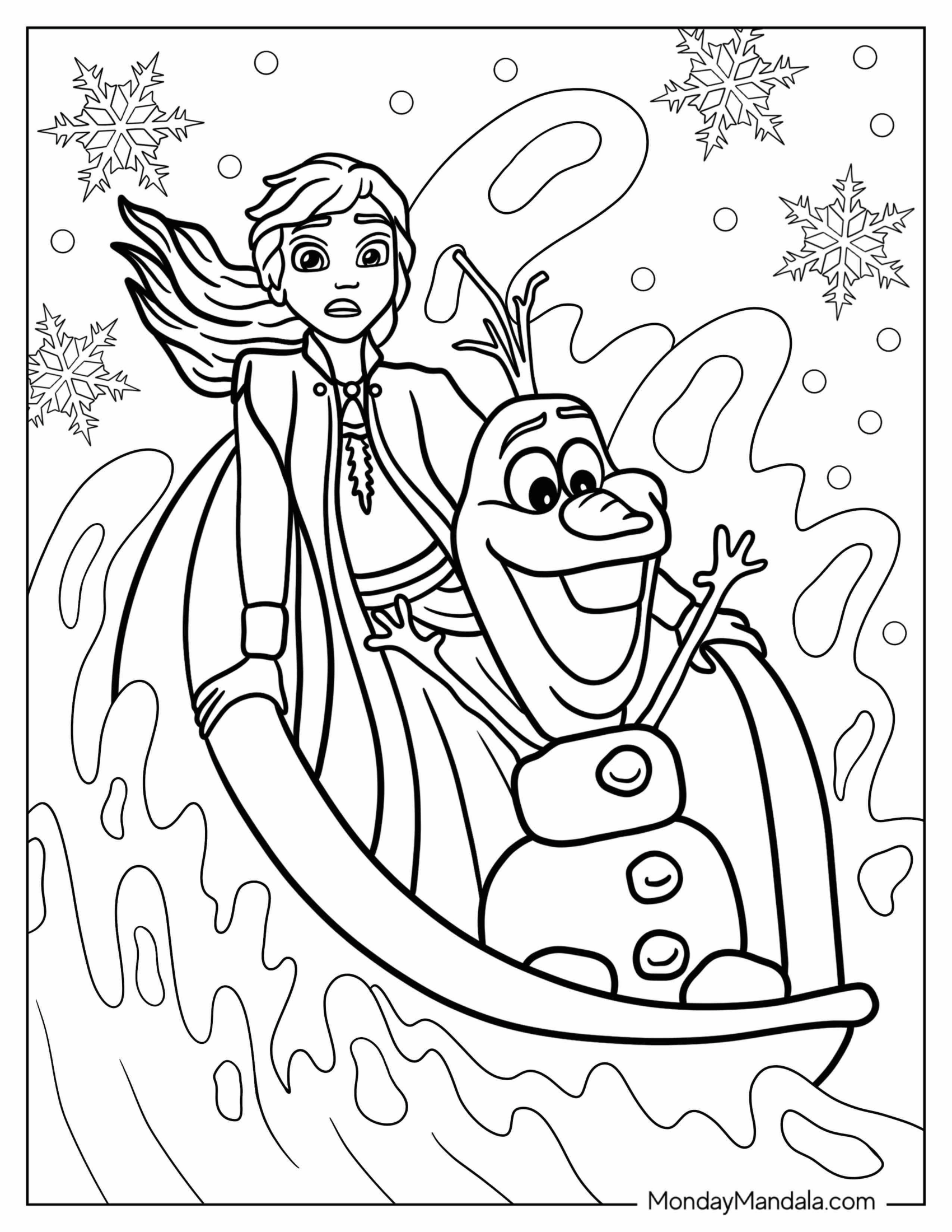 Anna And Olaf Riding Ice Boat In Water Coloring Page