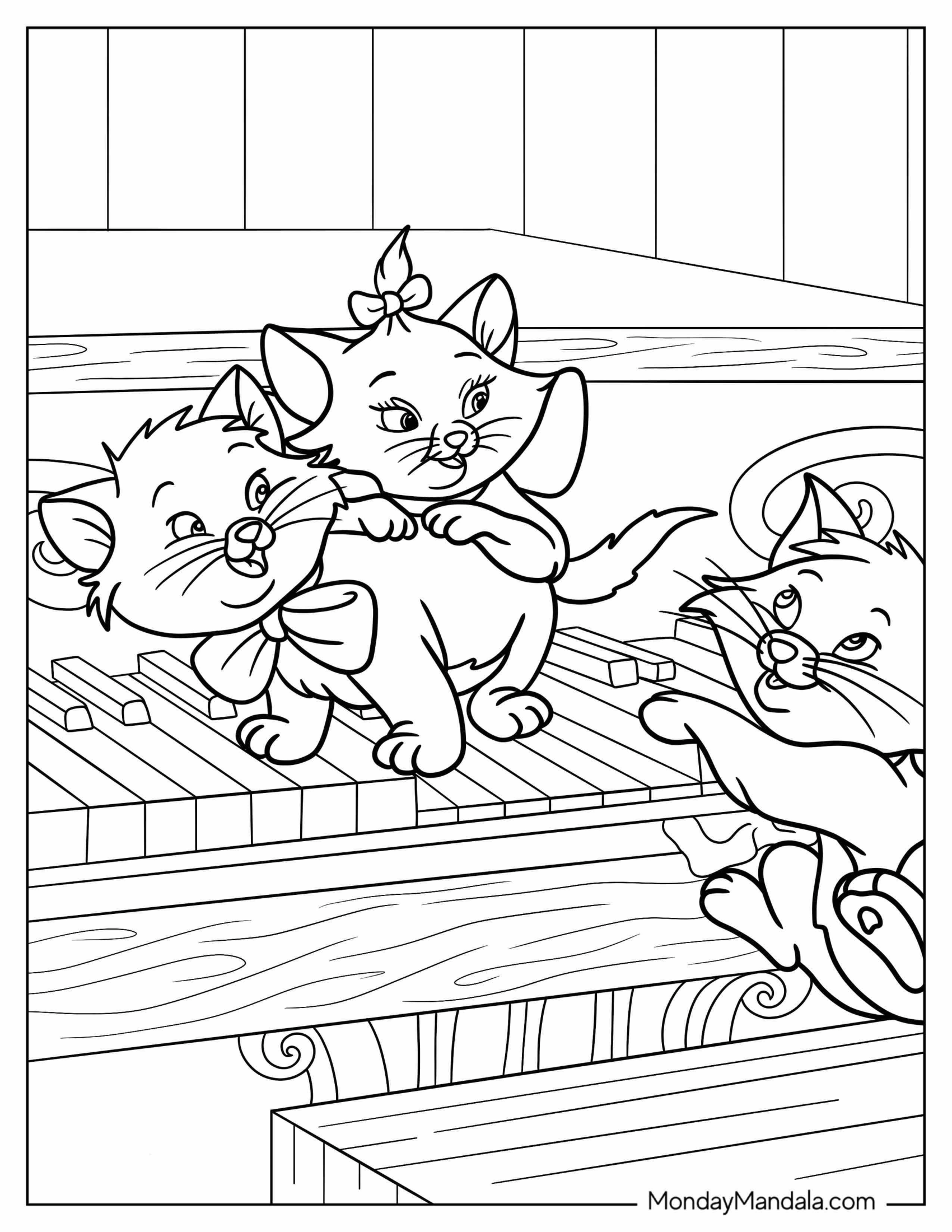 Aristocats Coloring Page Of Aristocats Kittens Berlioz, Marie, and Toulouse Playing On Piano