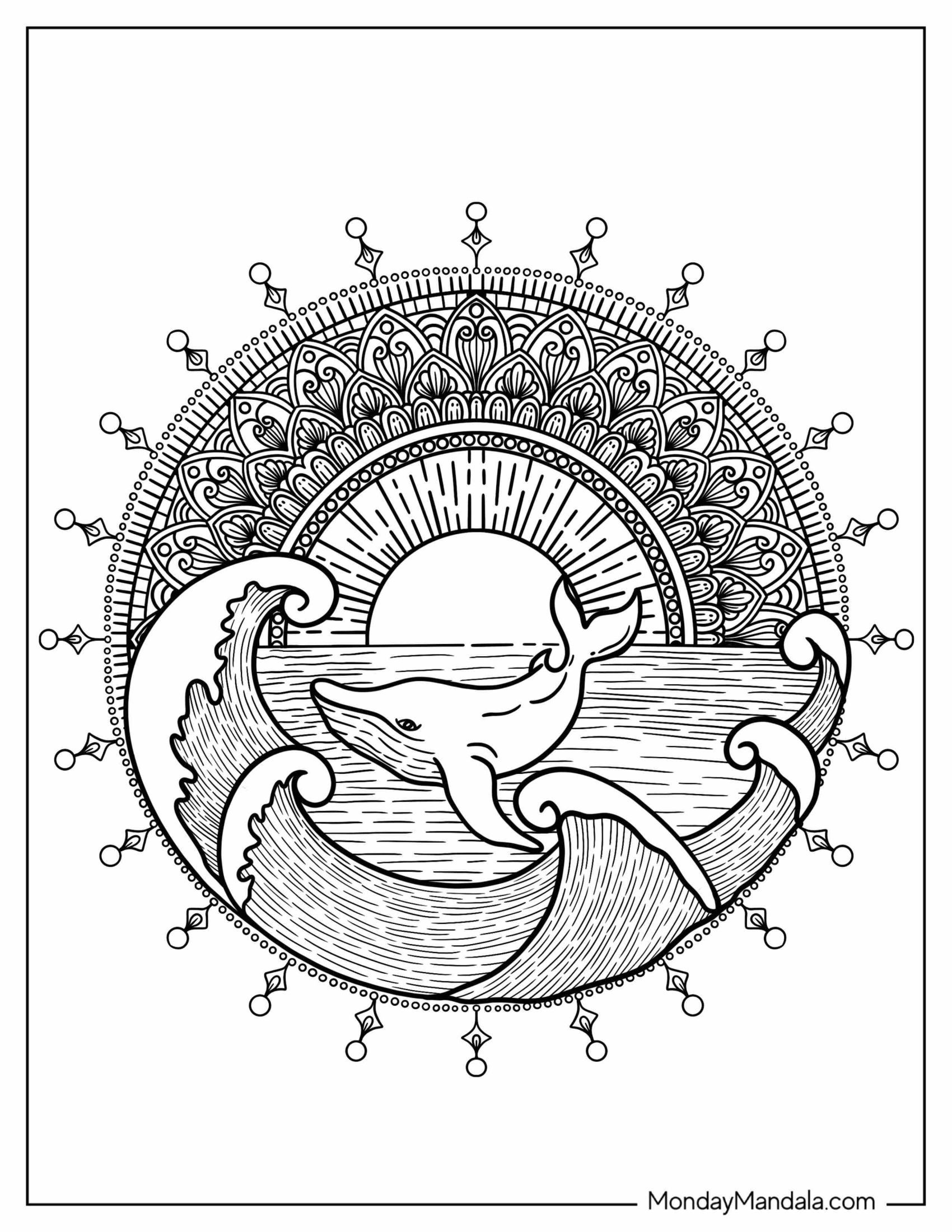 Artistic Whale In The Ocean Mandala Coloring Sheet