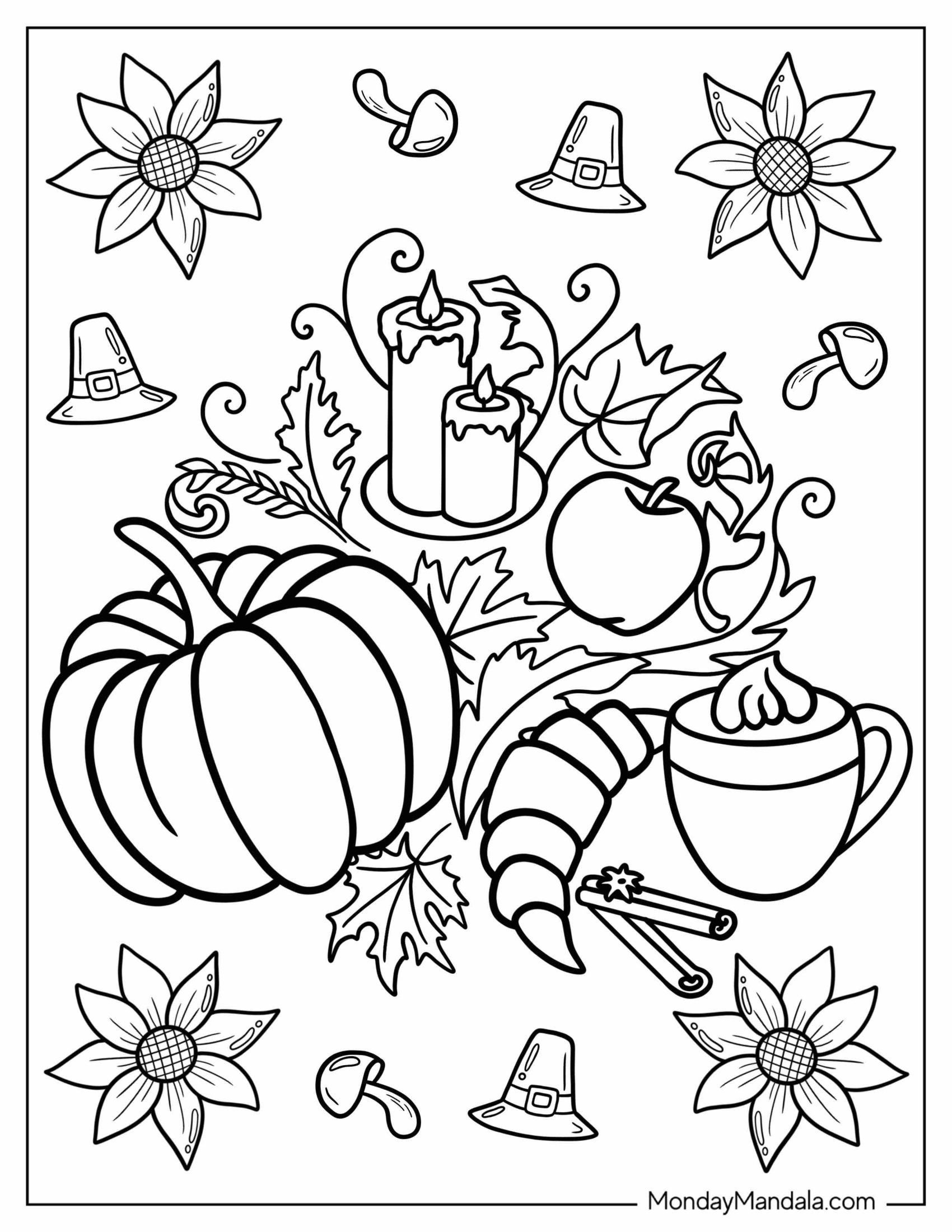 Assorted Thanksgiving Elements Coloring Page