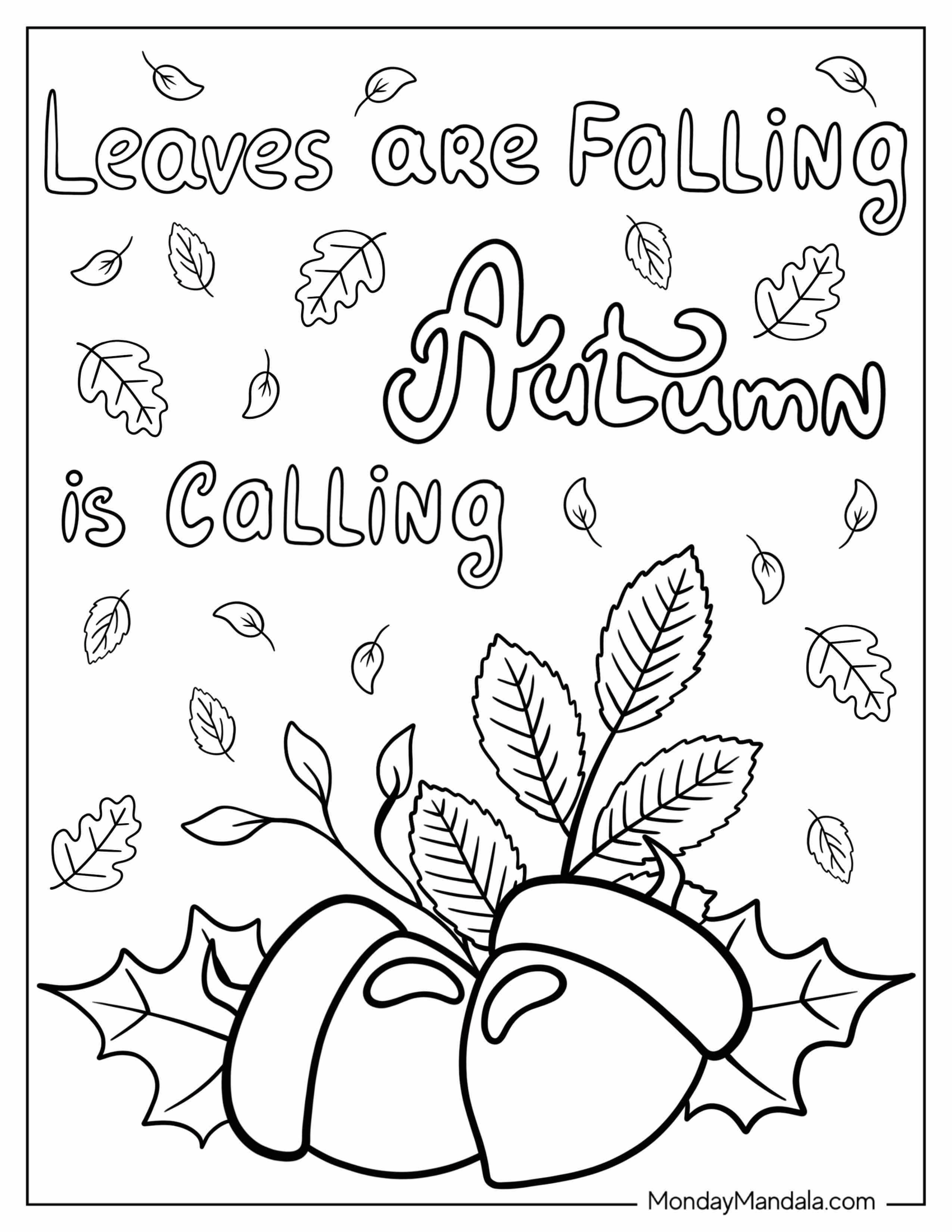 Autumn Is Calling Words Above Autumn Acorns Coloring Sheet