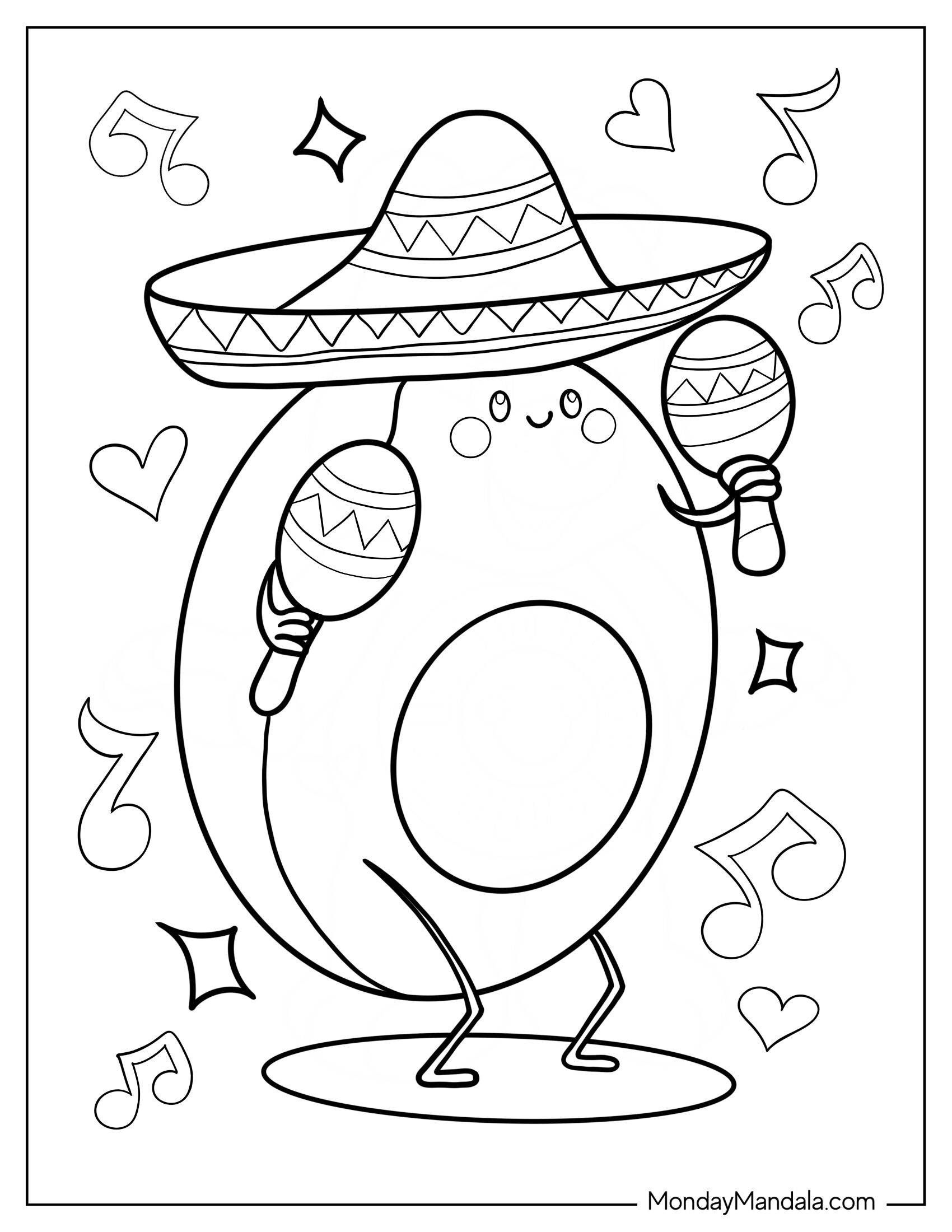 Avocados Coloring Page Wearing Sombrero And Holding Maracas