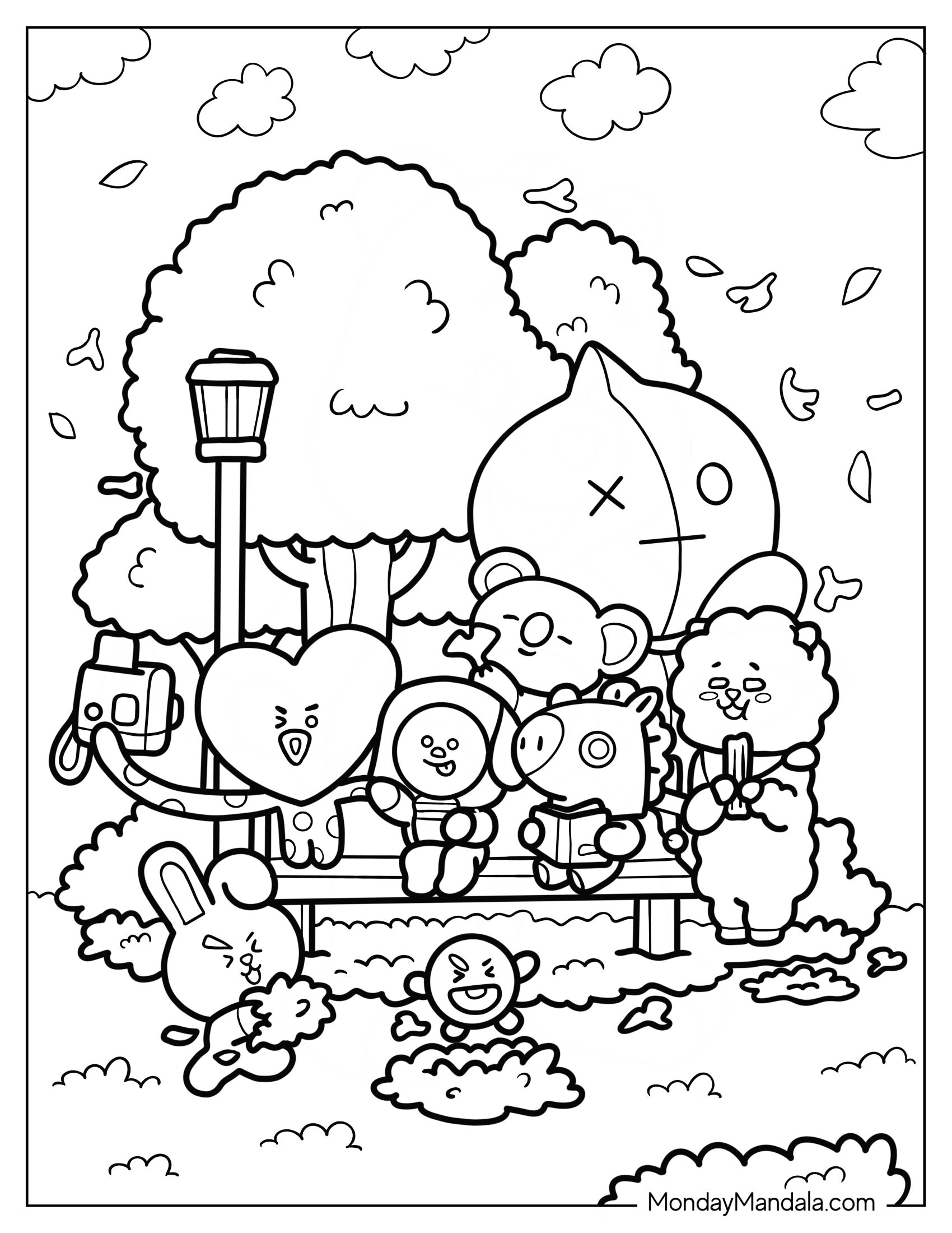 BT21 Coloring Page Of Cooky, RJ, Tata, Chimmy, Koya, Shooky, Mang, Van On Park Bench