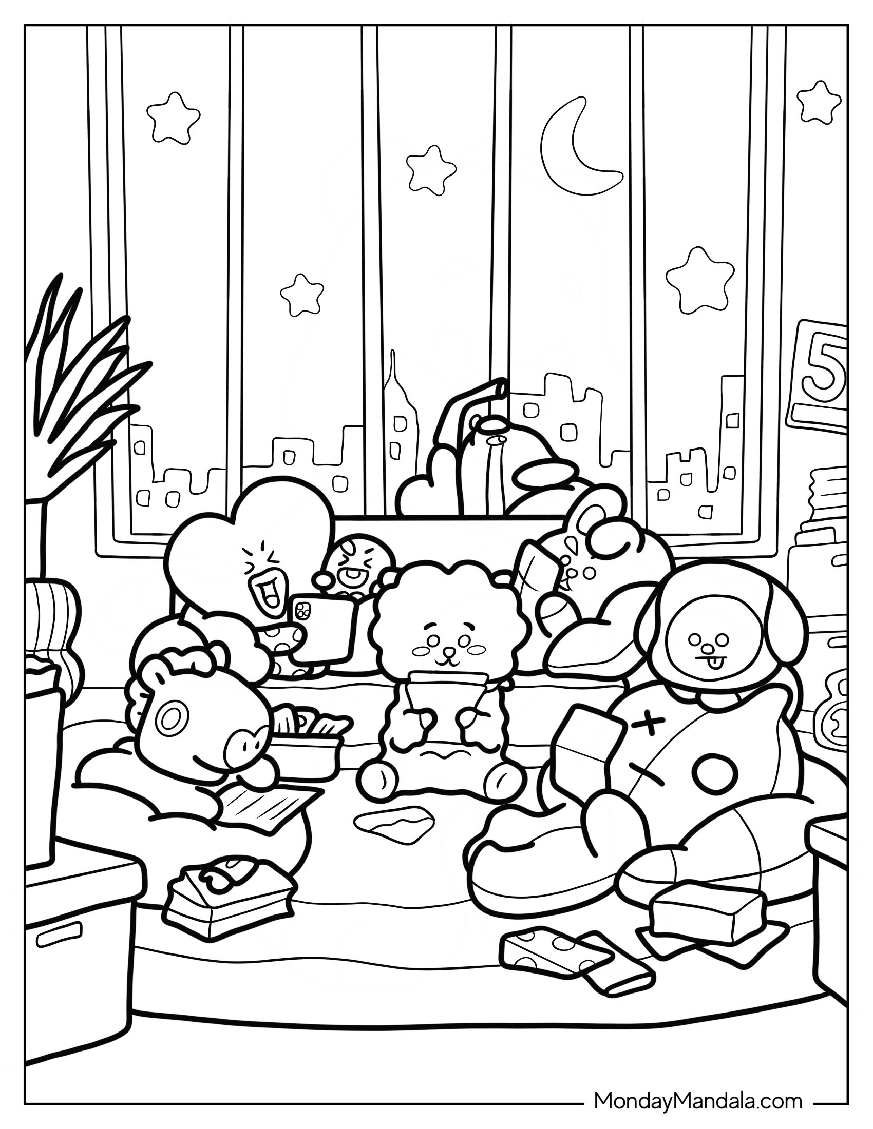 BT21 Coloring Page Of Friends Reading In The Living Room