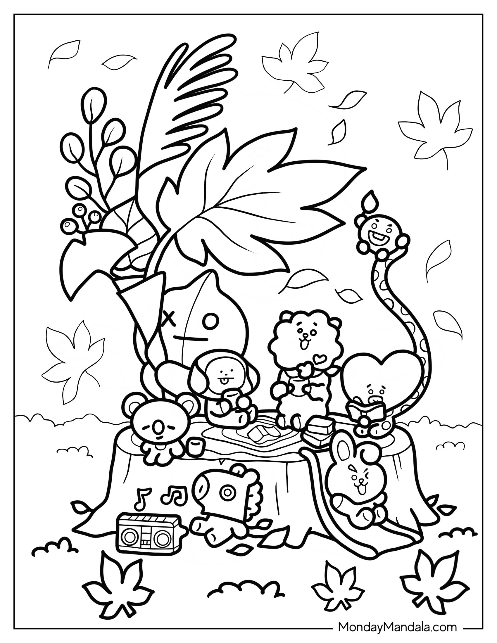 BT21 Coloring Page Of Friends Sitting On A Tree Stump