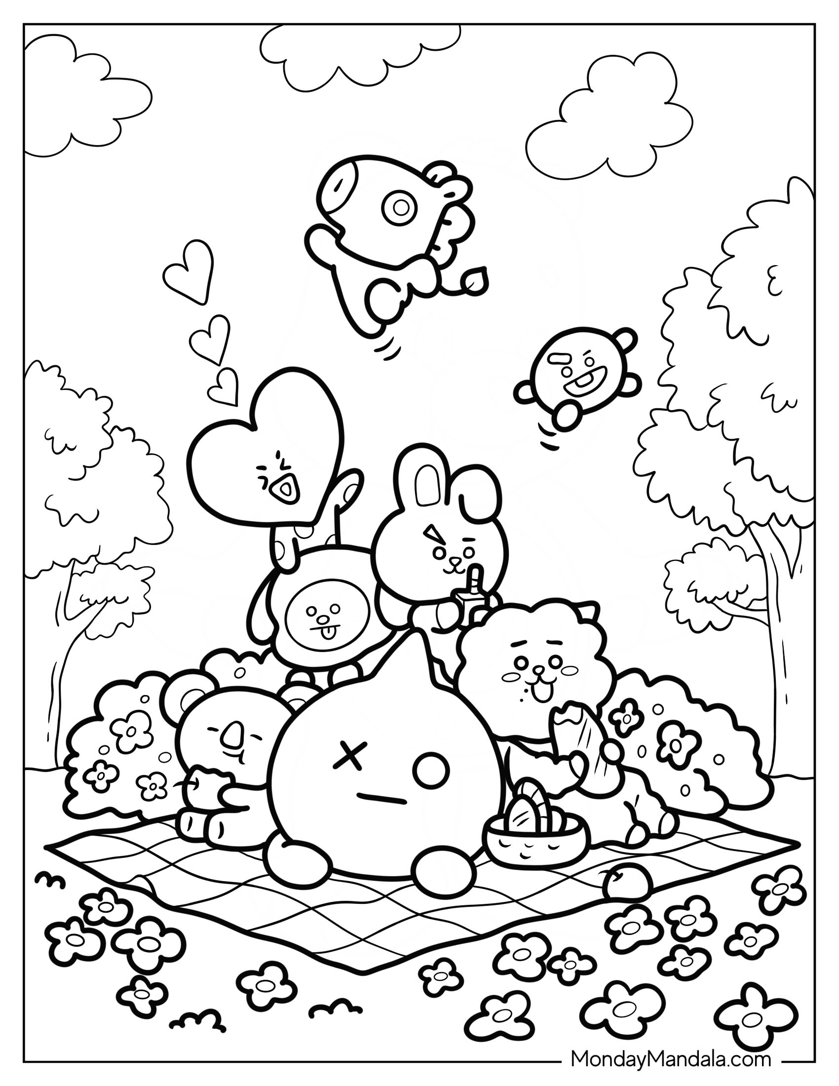 BT21 Coloring Page Of Tata, RJ, Chimmy, Cooky, Koya, Shooky, Mang, And Van On A Picnic