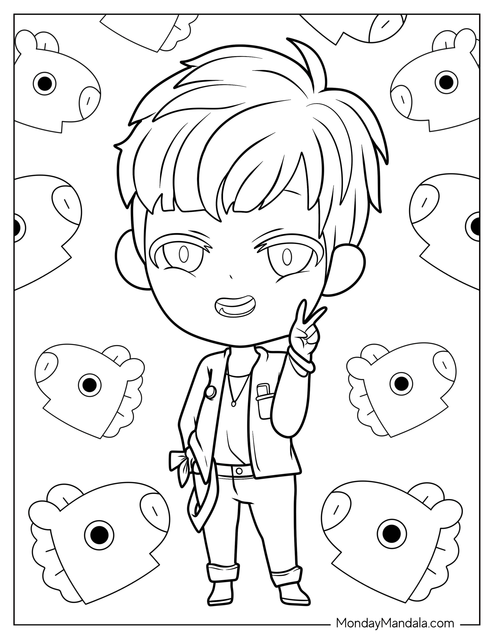 BTS Coloring Page Of Chibi J Hope Making Peace Sign