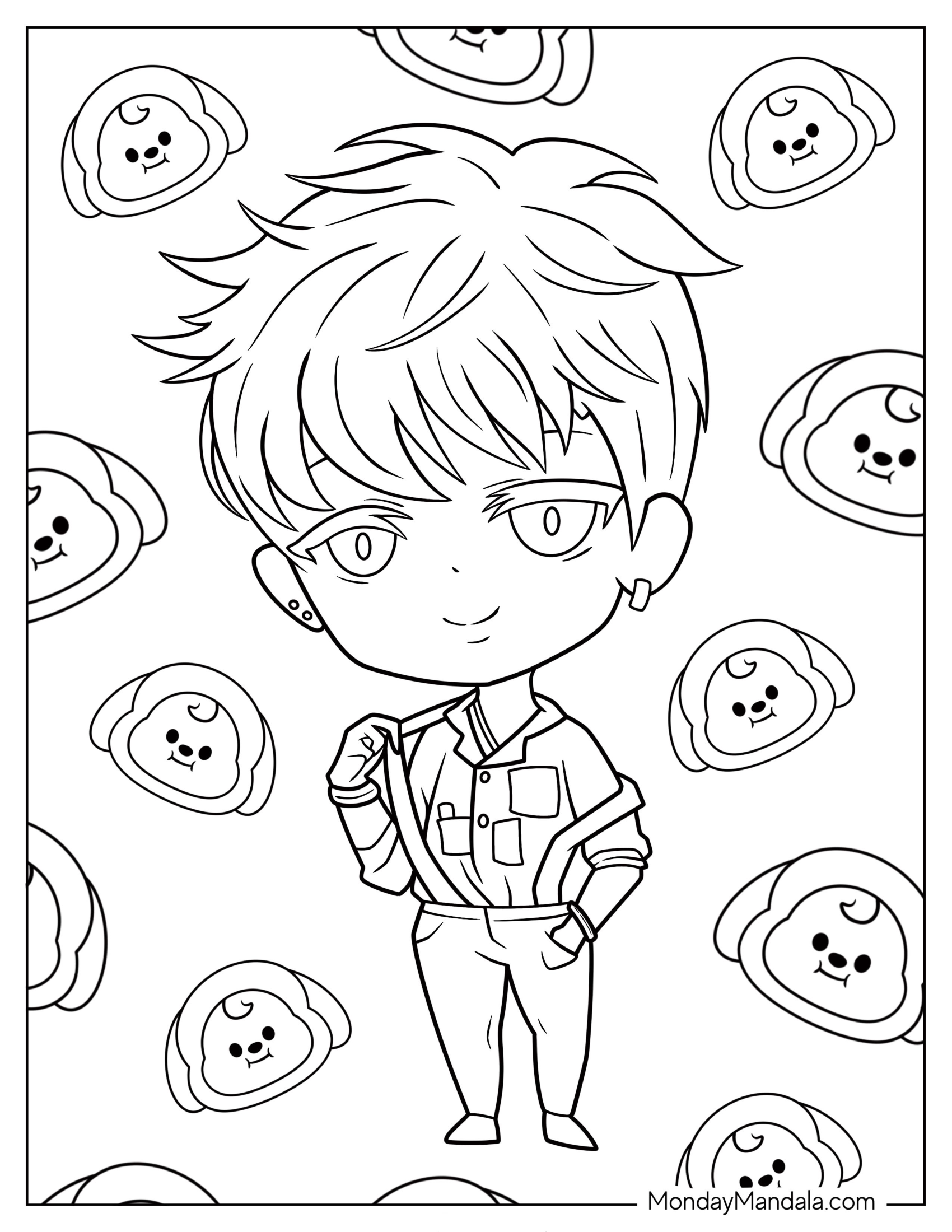 BTS Coloring Page Of Chibi Jimin Wearing Suspenders