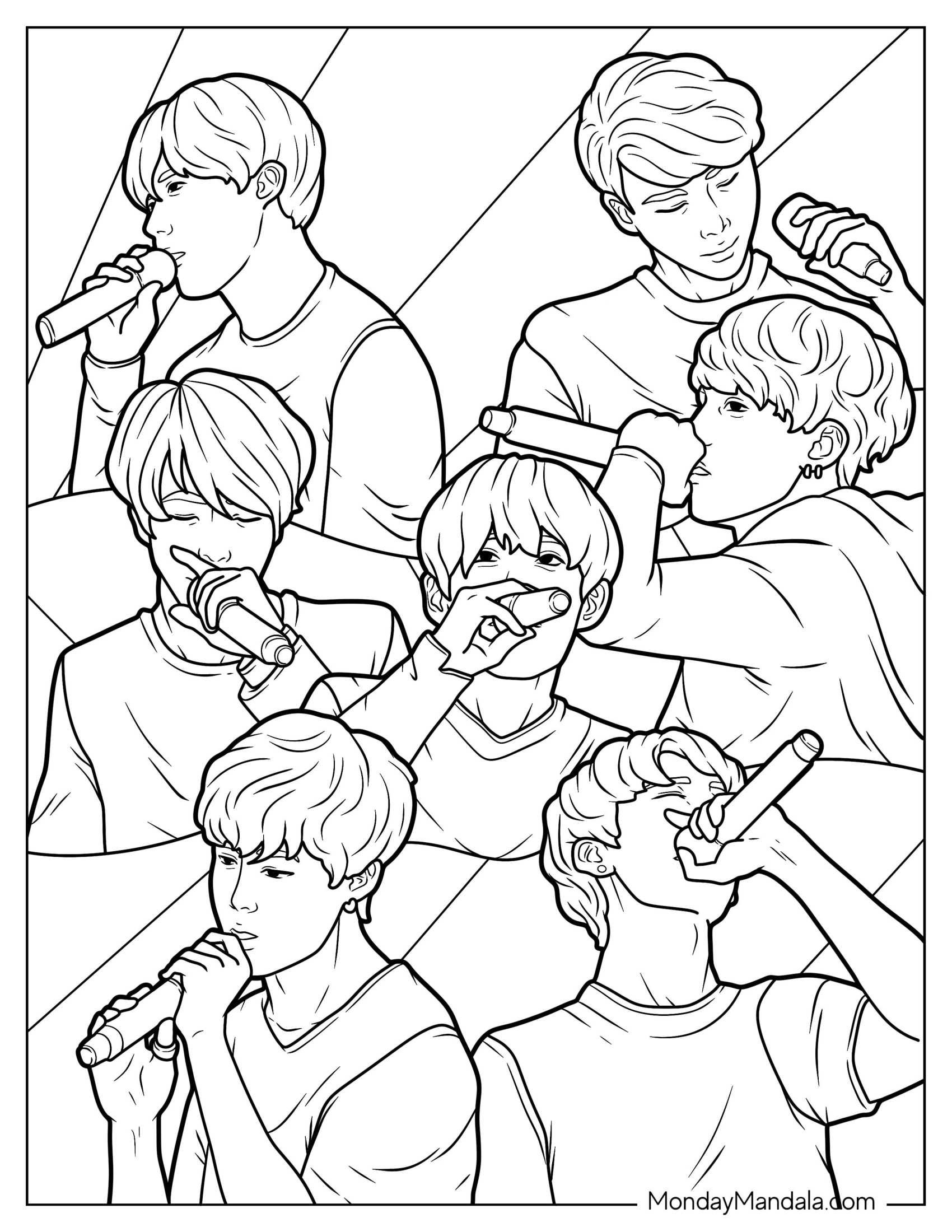 BTS Coloring Page Of Holing Microphone Singing