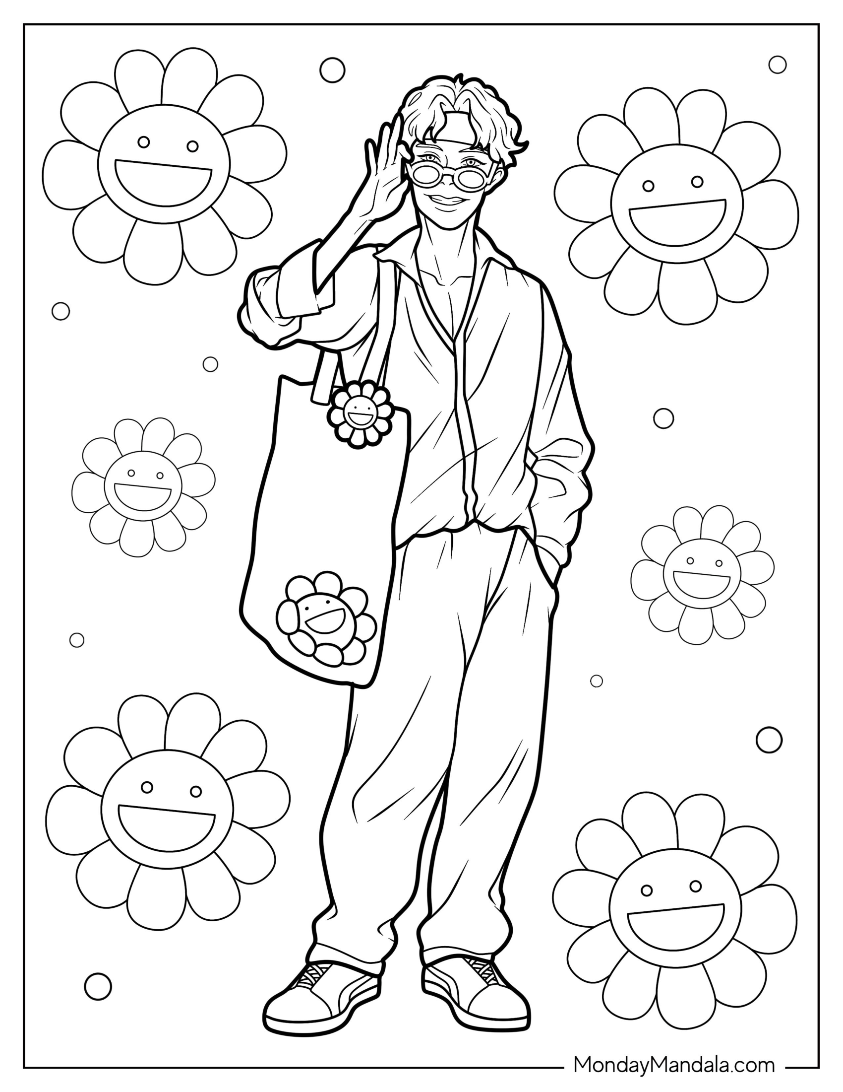 BTS Coloring Page Of J Hope Smiling While Holding Sunglasses