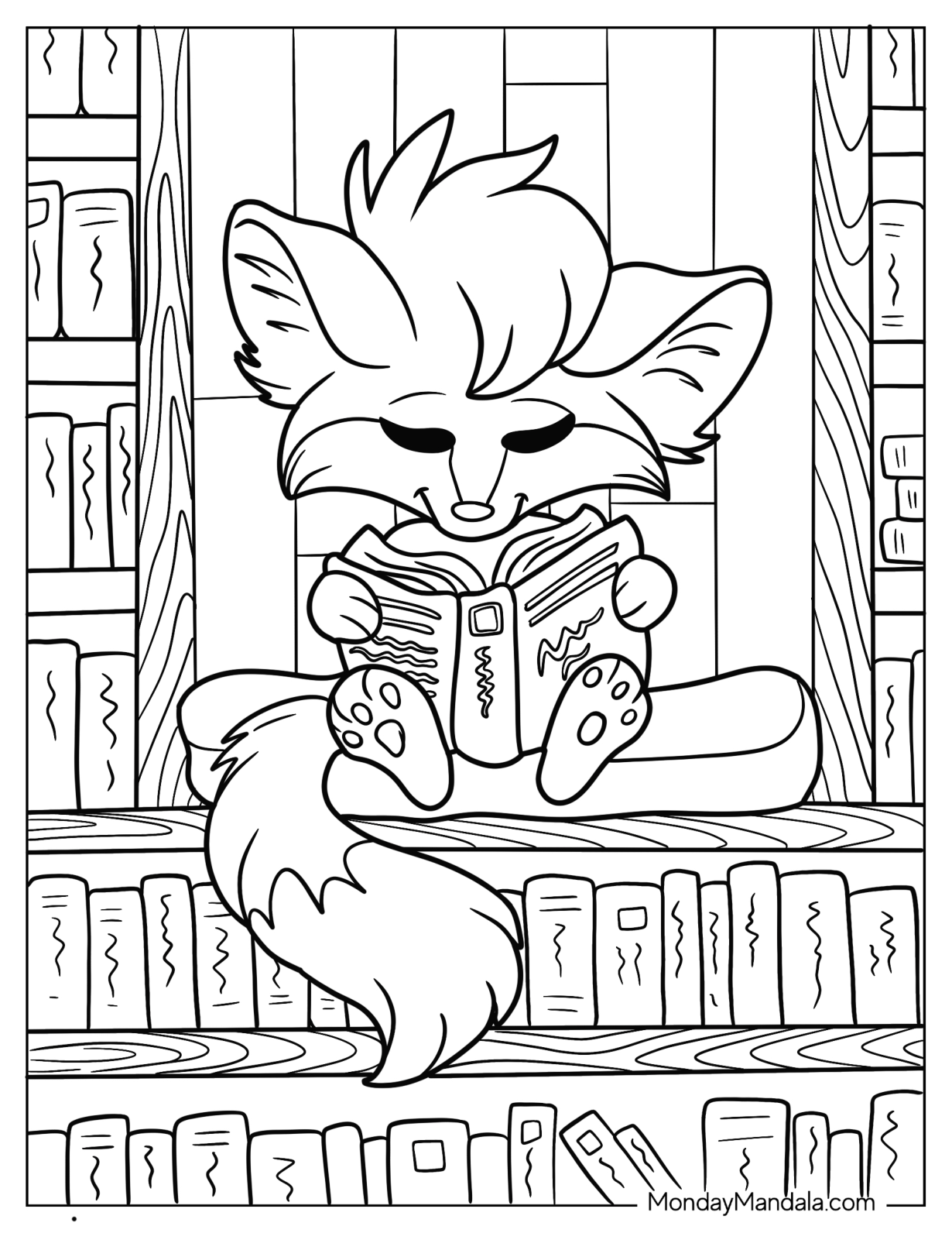 Baby Cartoon Fox Coloring Page Reading Book In Library