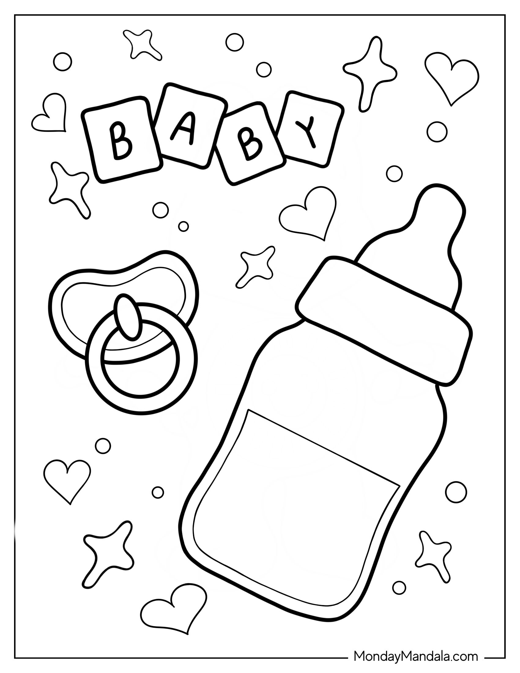 Baby Coloring Page Of Bottle, Pacifier, And Letter Blocks