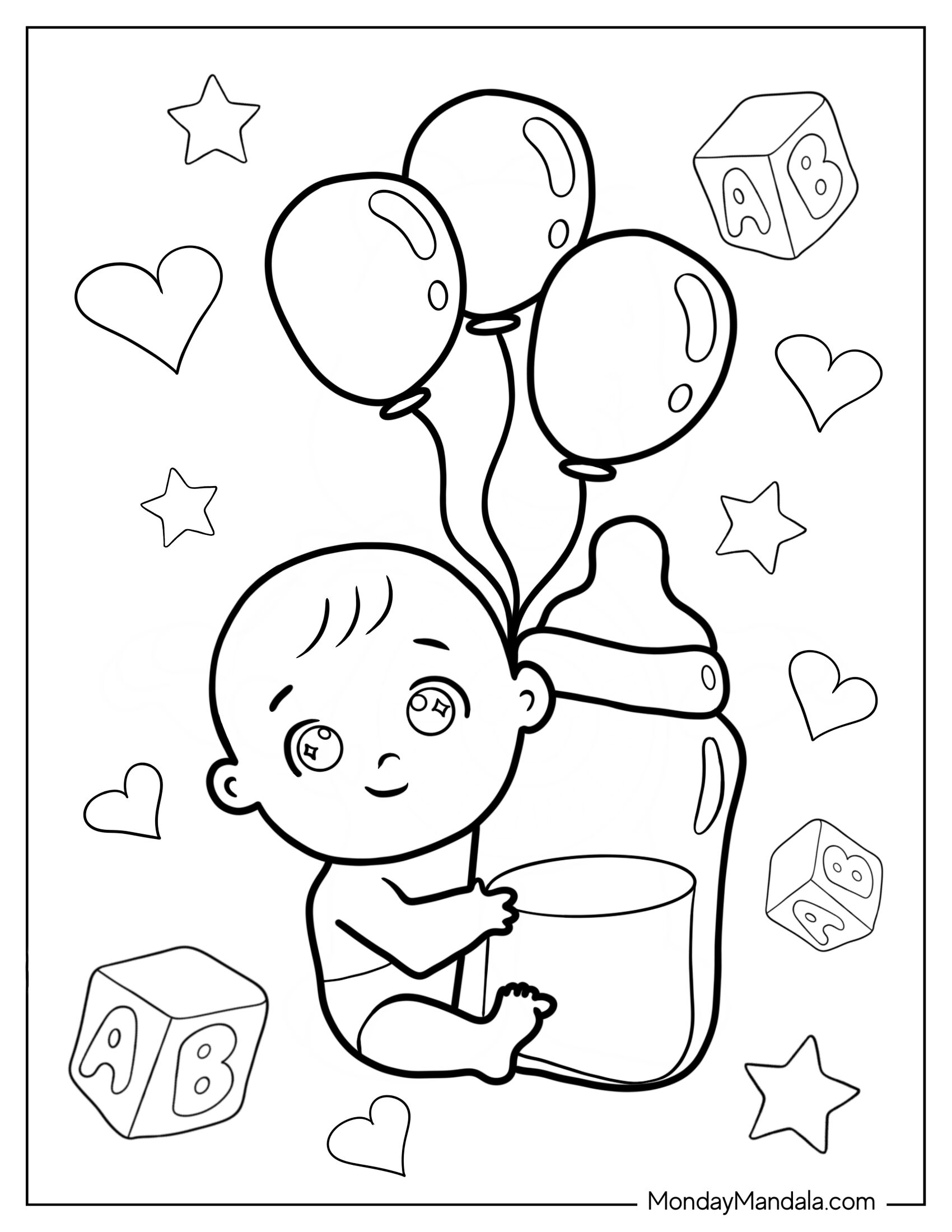 Baby Coloring Page Of Boy Embracing Large Milk Bottle With Balloons