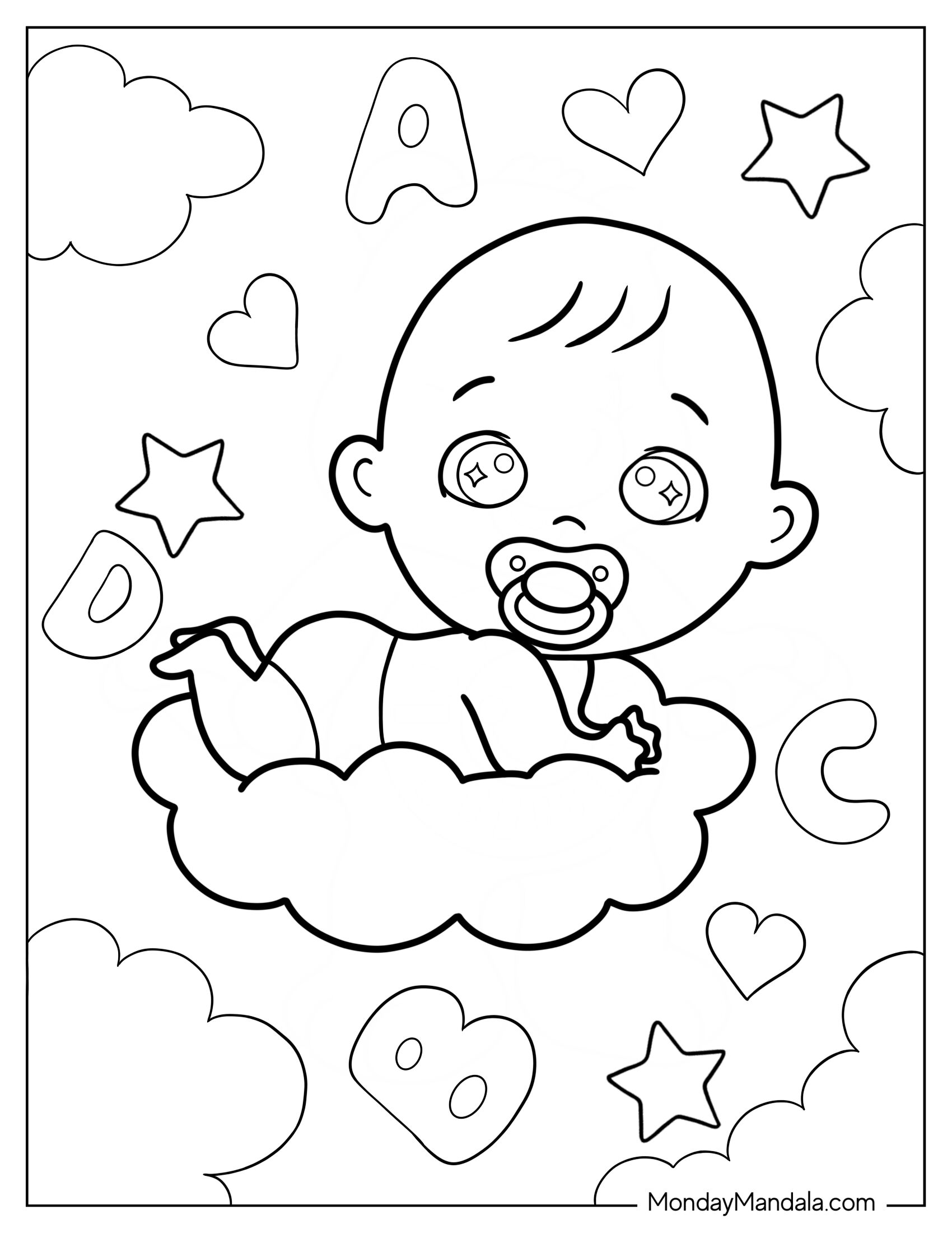 Baby Coloring Page With Pacifier Lying On Cloud