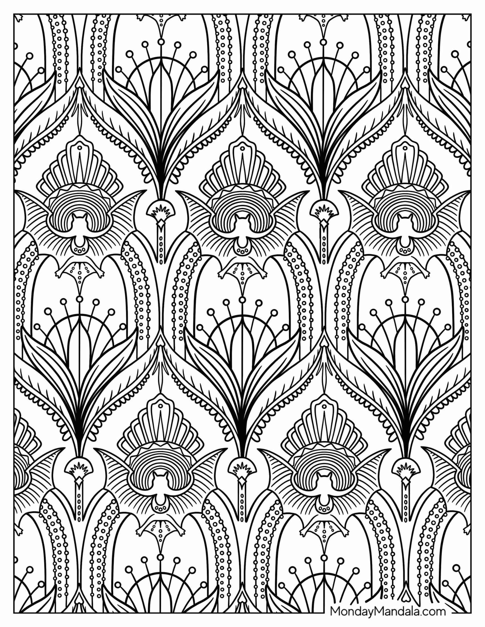 Bats And Crescent Moon Pattern Coloring Page