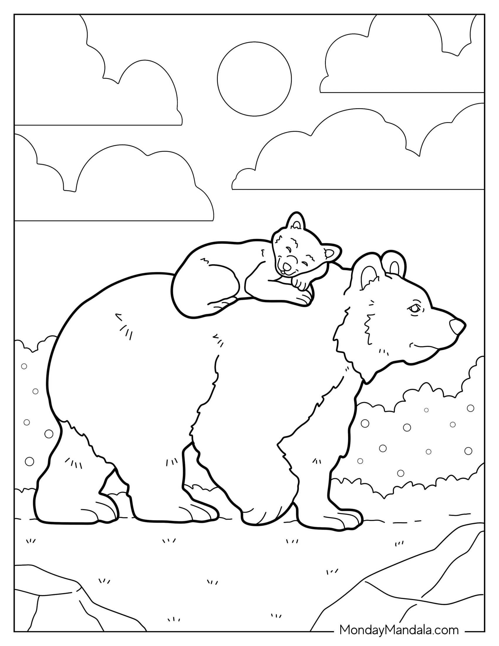 Bear Coloring Page Of Cub Sleeping On Mama Bear s Back While She s Walking