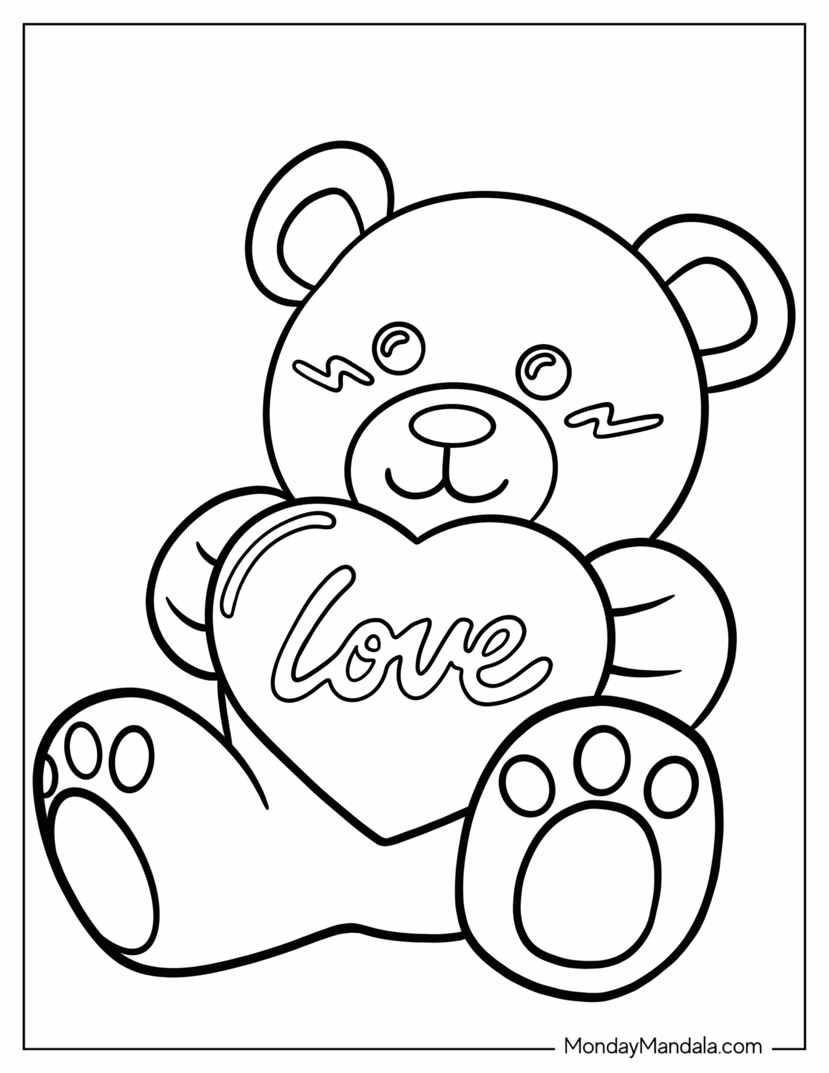 Bear With Love Heart Valentine's Day Coloring Page