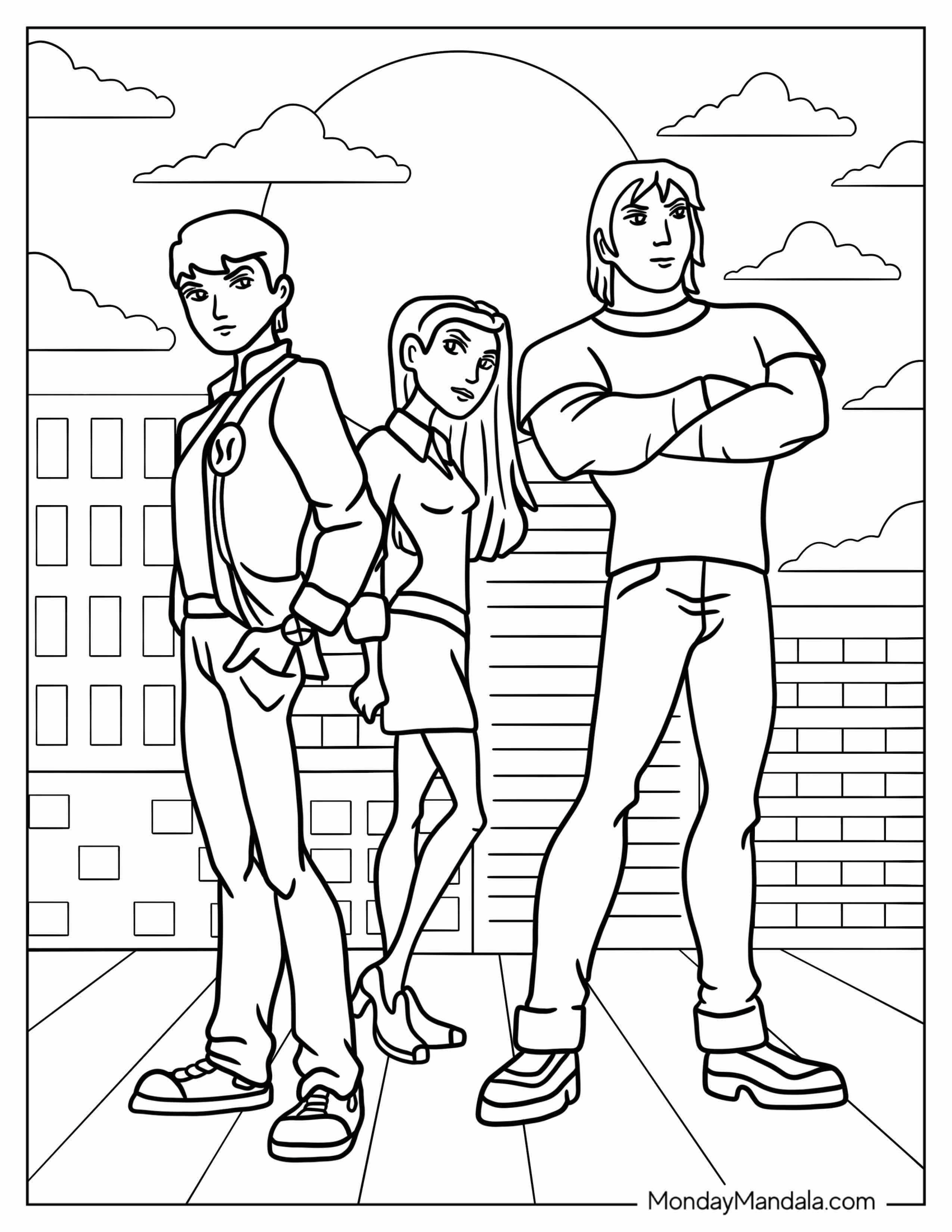 Ben 10 Coloring Page Of Adult Ben Tennyson With Gwen Tennyson And Kevin Levin