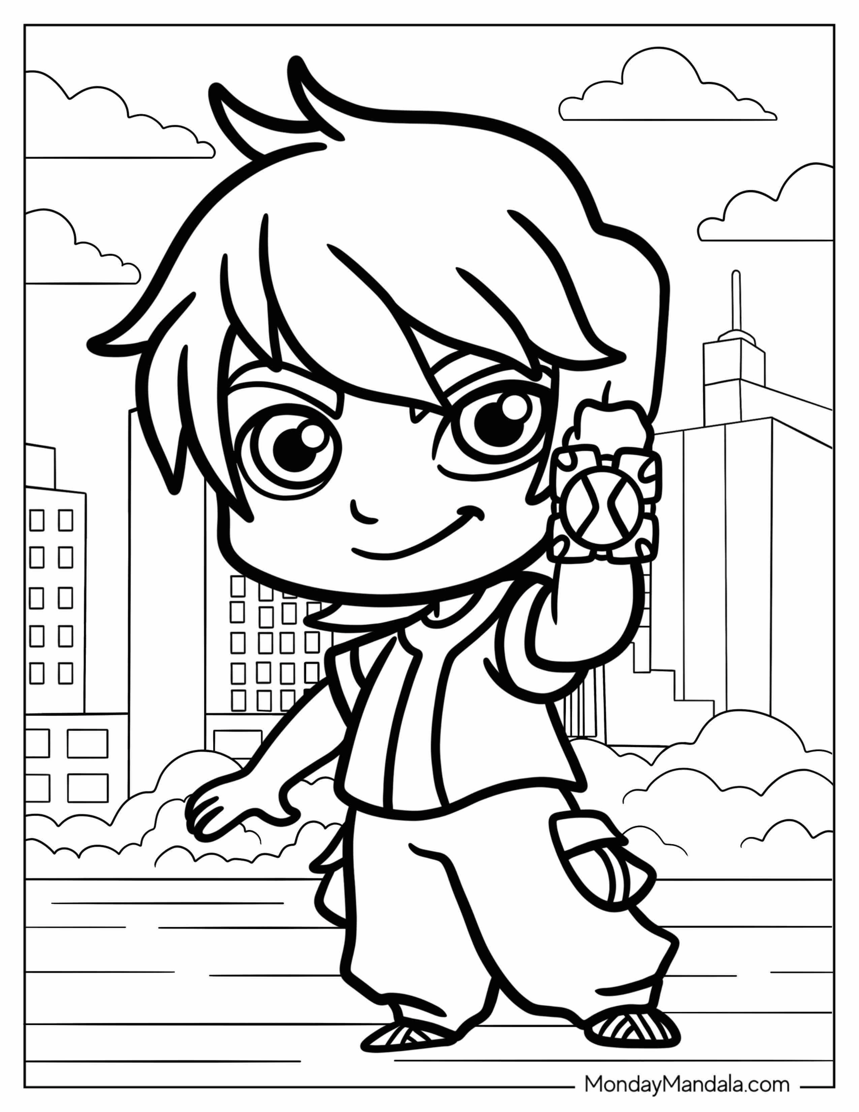 Ben 10 Coloring Page Of Kawaii Ben Ten Holding Up Omnitrix For Preschoolers