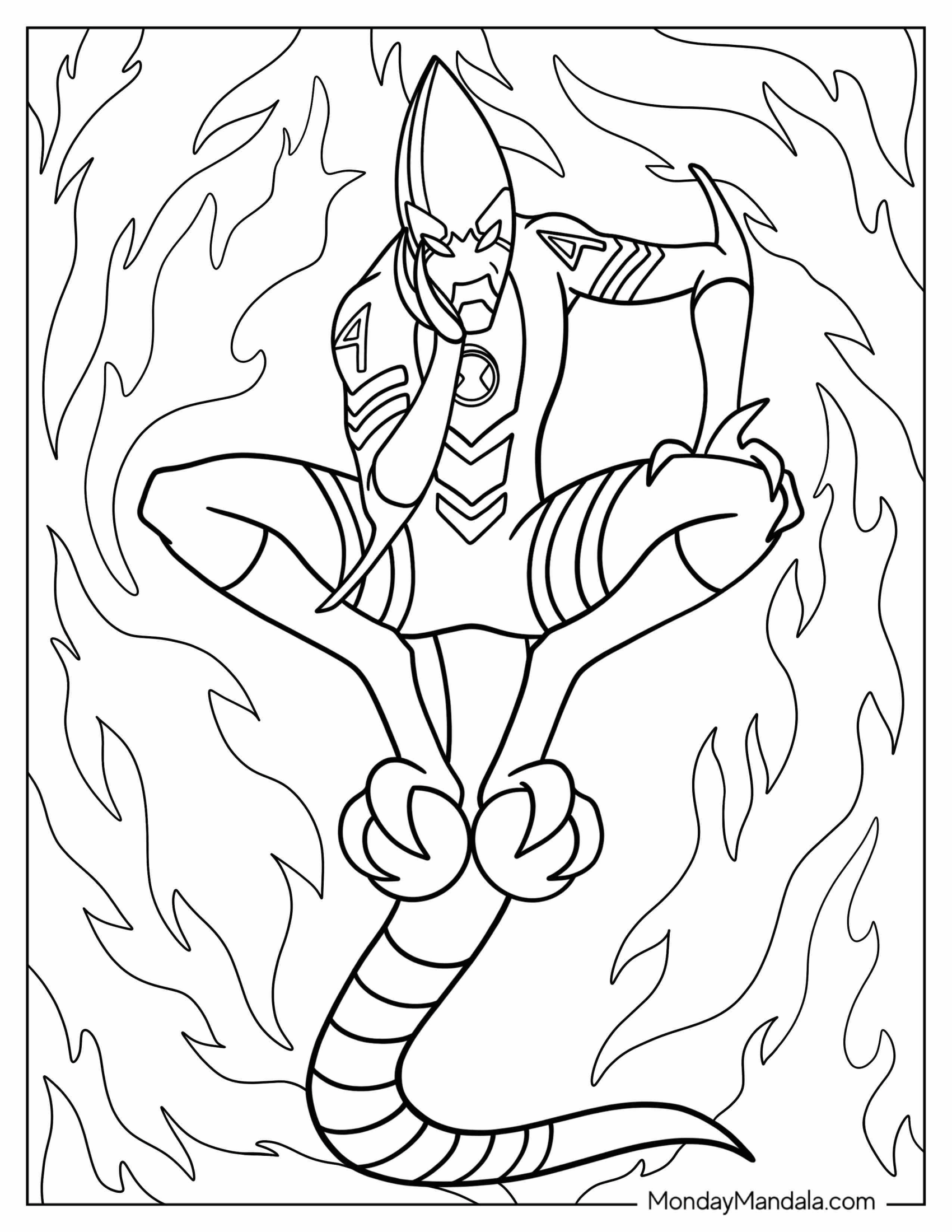 Ben 10 Coloring Page Of XLR8 Surrounded By Flames