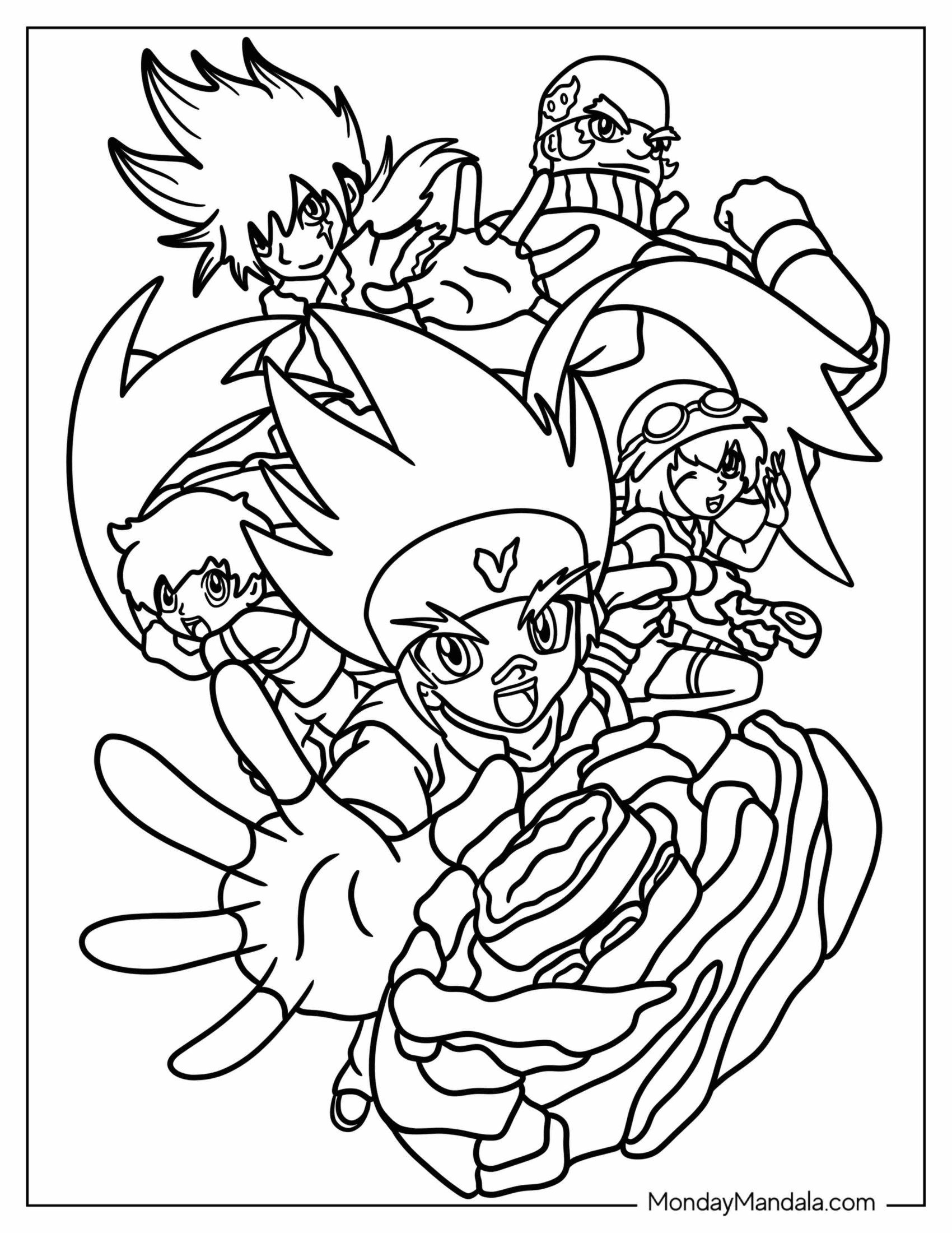 Beyblade Coloring Page Of Metal Fusion Gingka, Kyoya, Kenta, Benkei, And Madoka