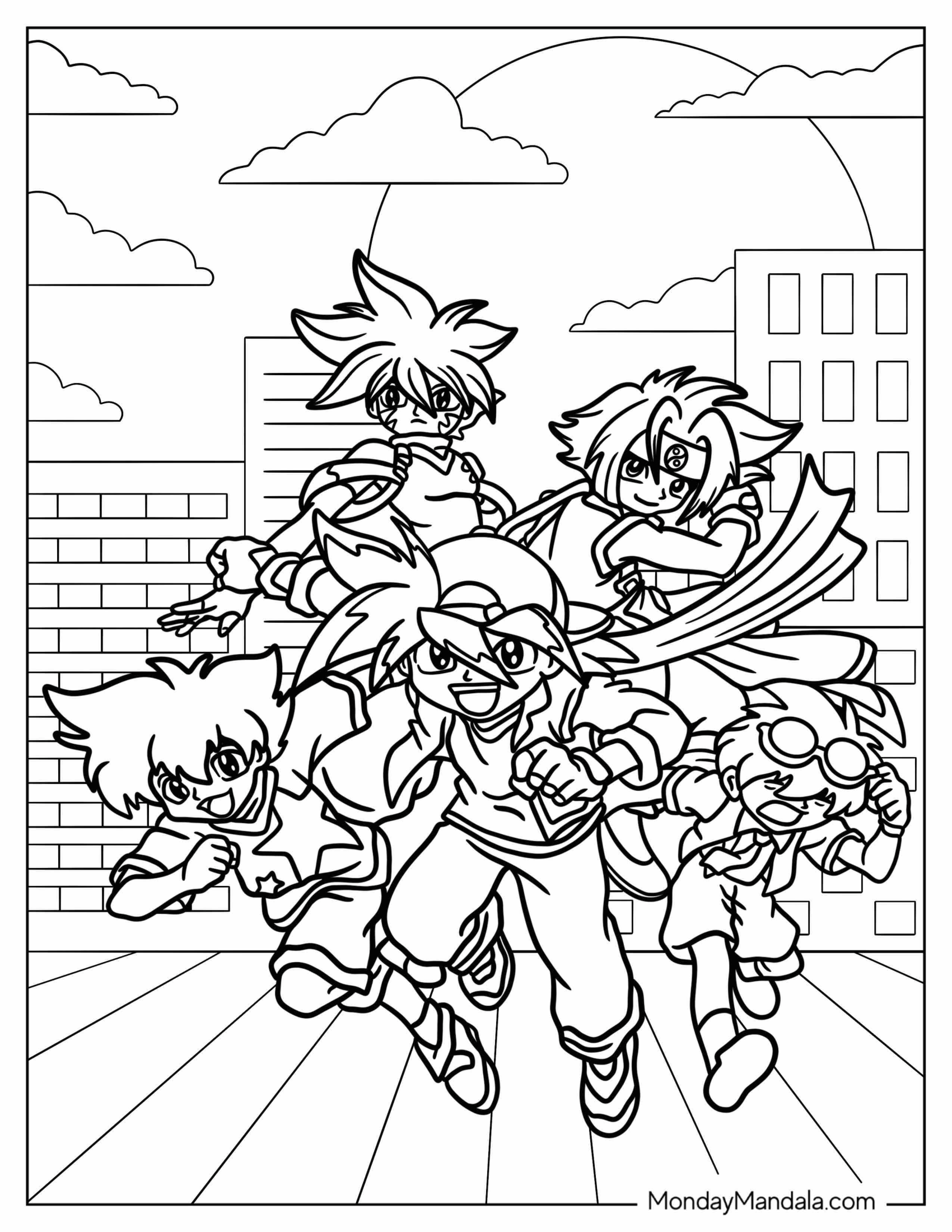 Beyblade Coloring Page Of V Force Tyson, Max, Kai, Ray, And Kenny