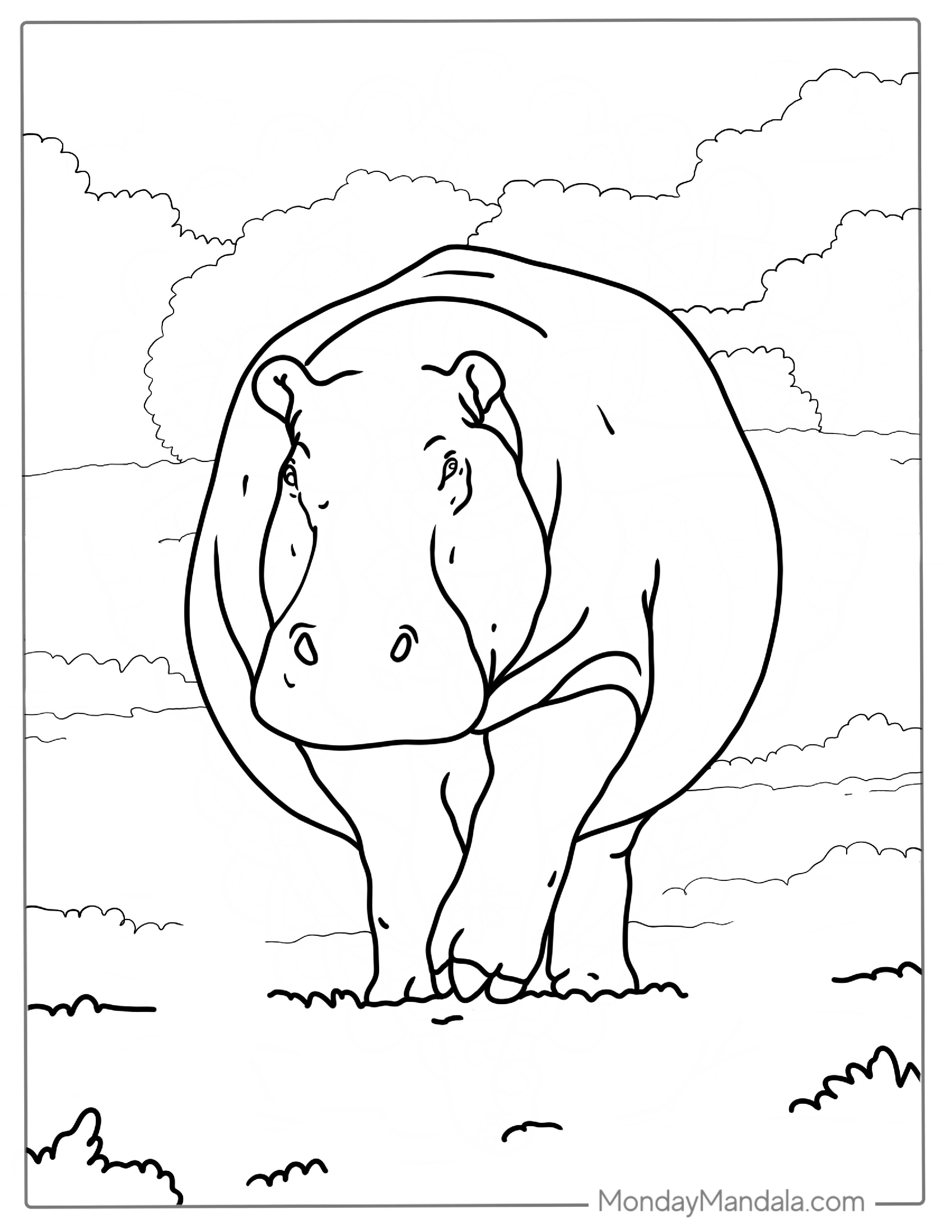 Big Adult Hippo Walking Coloring Page