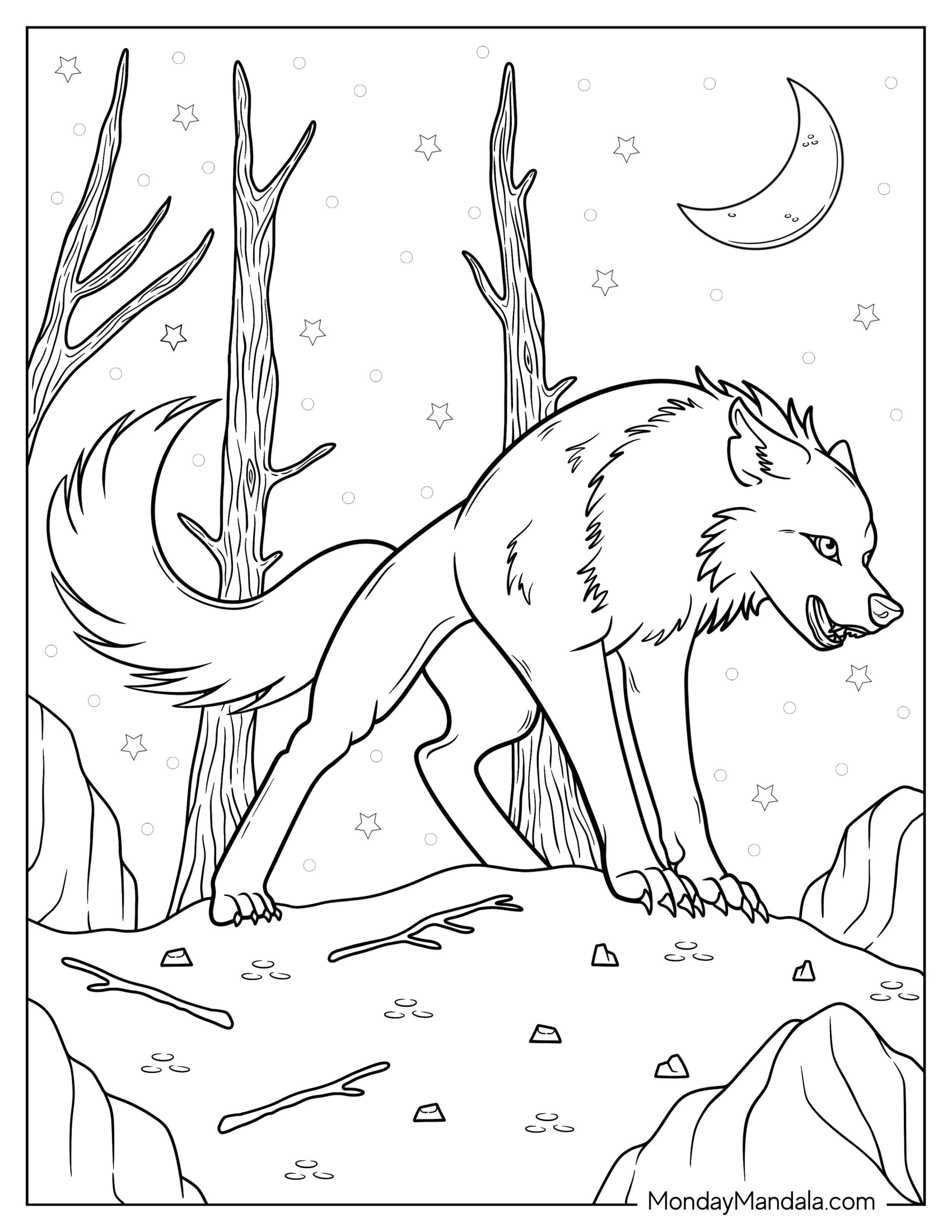 Big Scary Wolf Coloring Page At Night For Kids