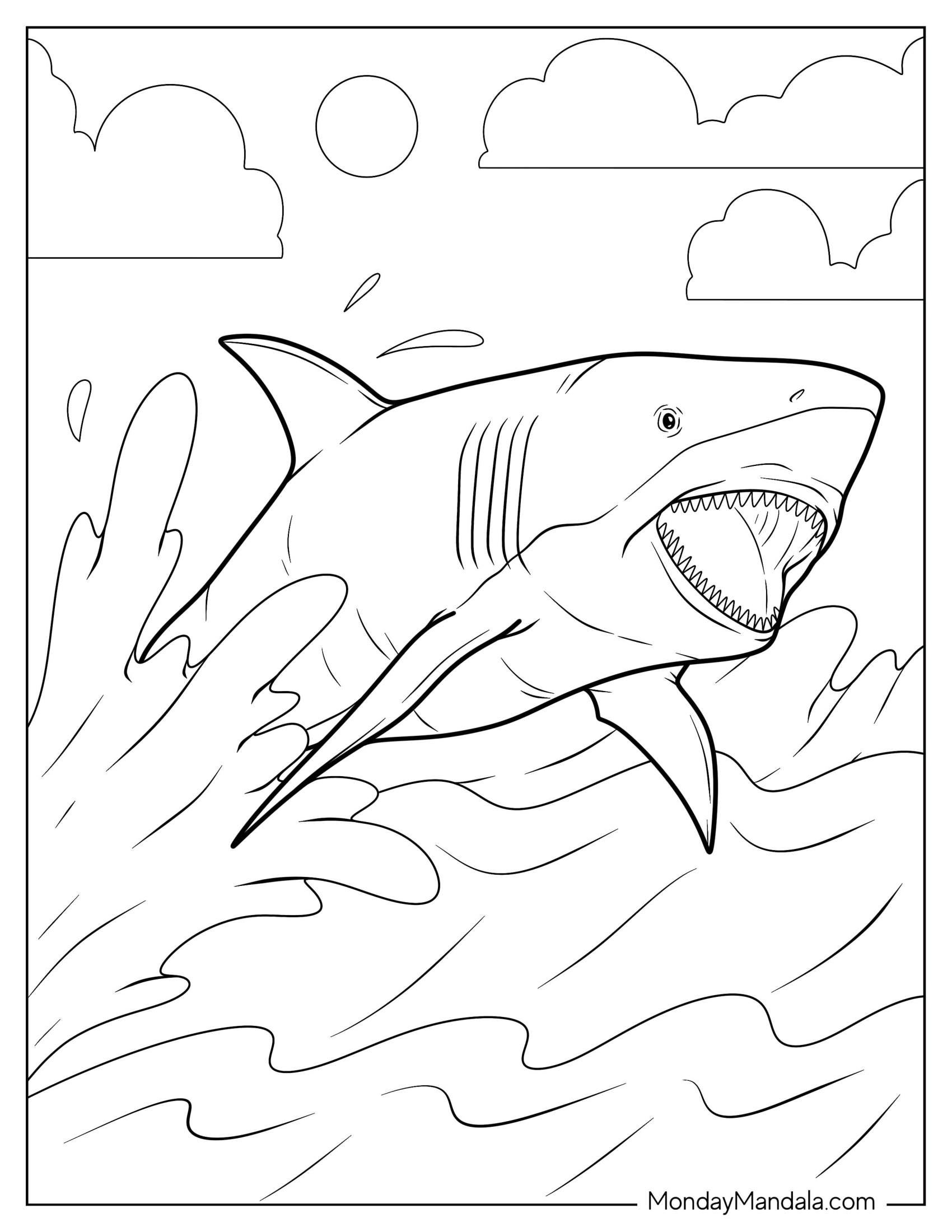 Big Shark Coloring Page Jumping Out Of Ocean