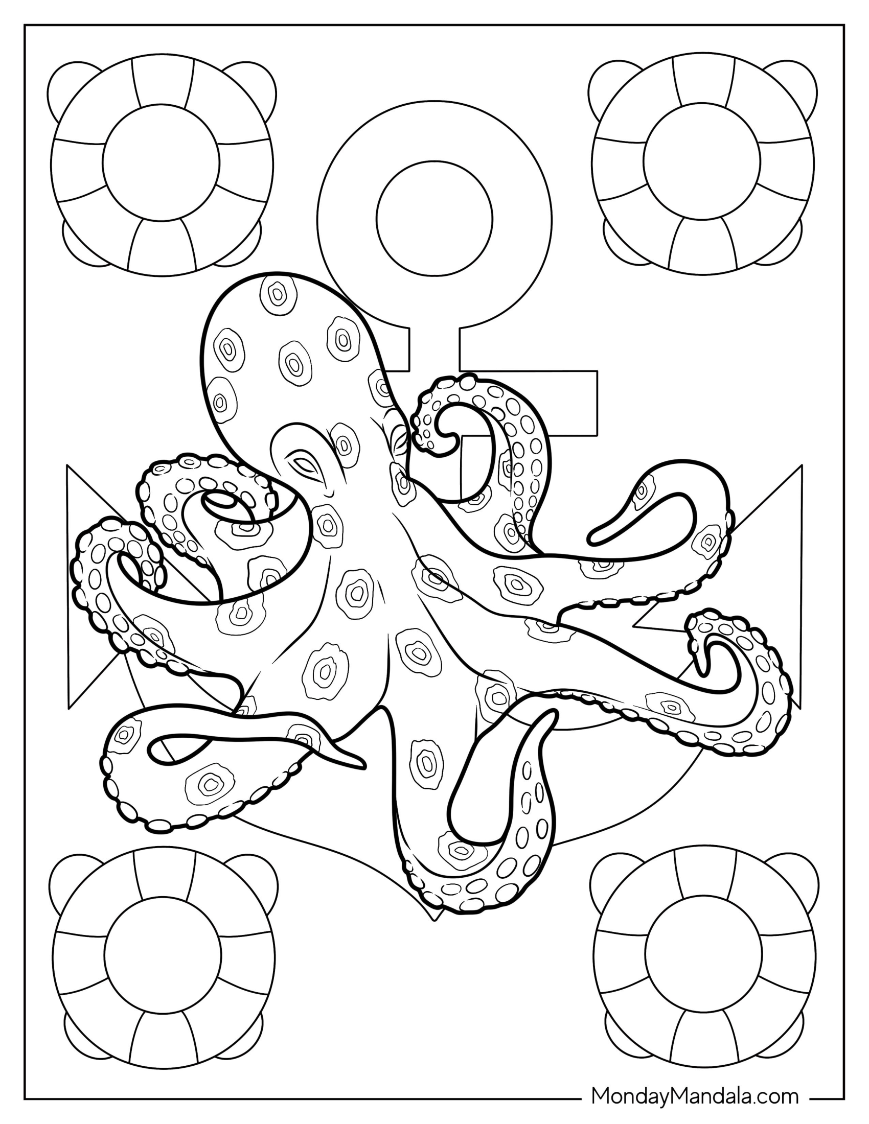 Blue Ring Octopus Coloring Page With Detailed Tentacles In Nautical Background